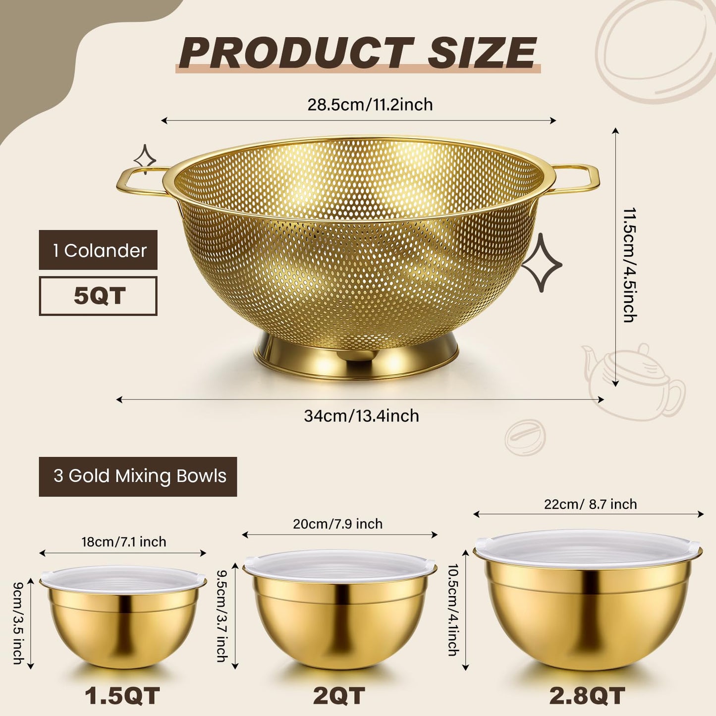 Baderke 7 Pcs Gold Kitchen Accessories Includes Stainless Steel Colander with Handles, 3 Gold Mixing Bowls with Airtight Lids and 3 Fine Mesh Strainer(Colander: 5 Qt, Mixing Bowls: 1.5/2/3 Qt)