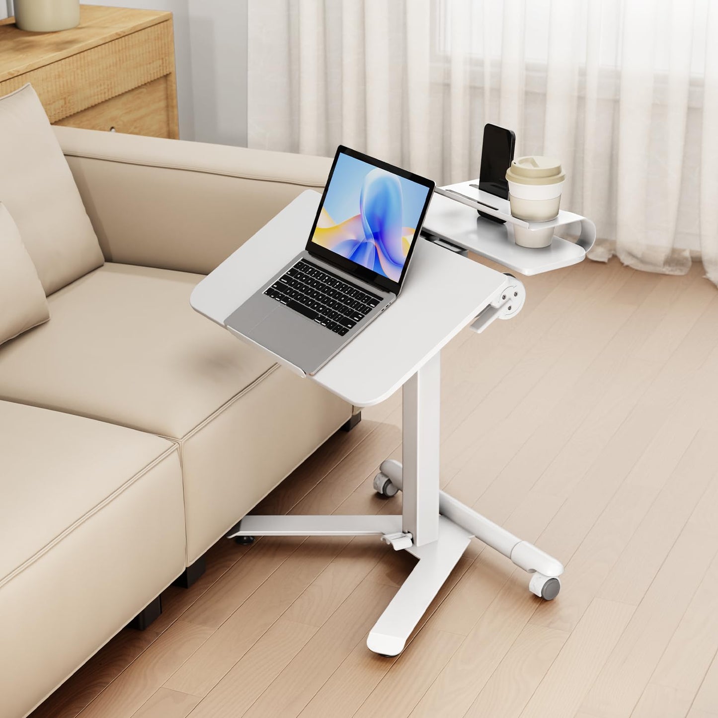 ROMOON Rolling Standing Desk with Wheels, Portable 24 inch Sit-Stand Laptop Cart with Tilt Top and Storage, Mobile Compact Workstation for Home Office and Small Spaces (White)