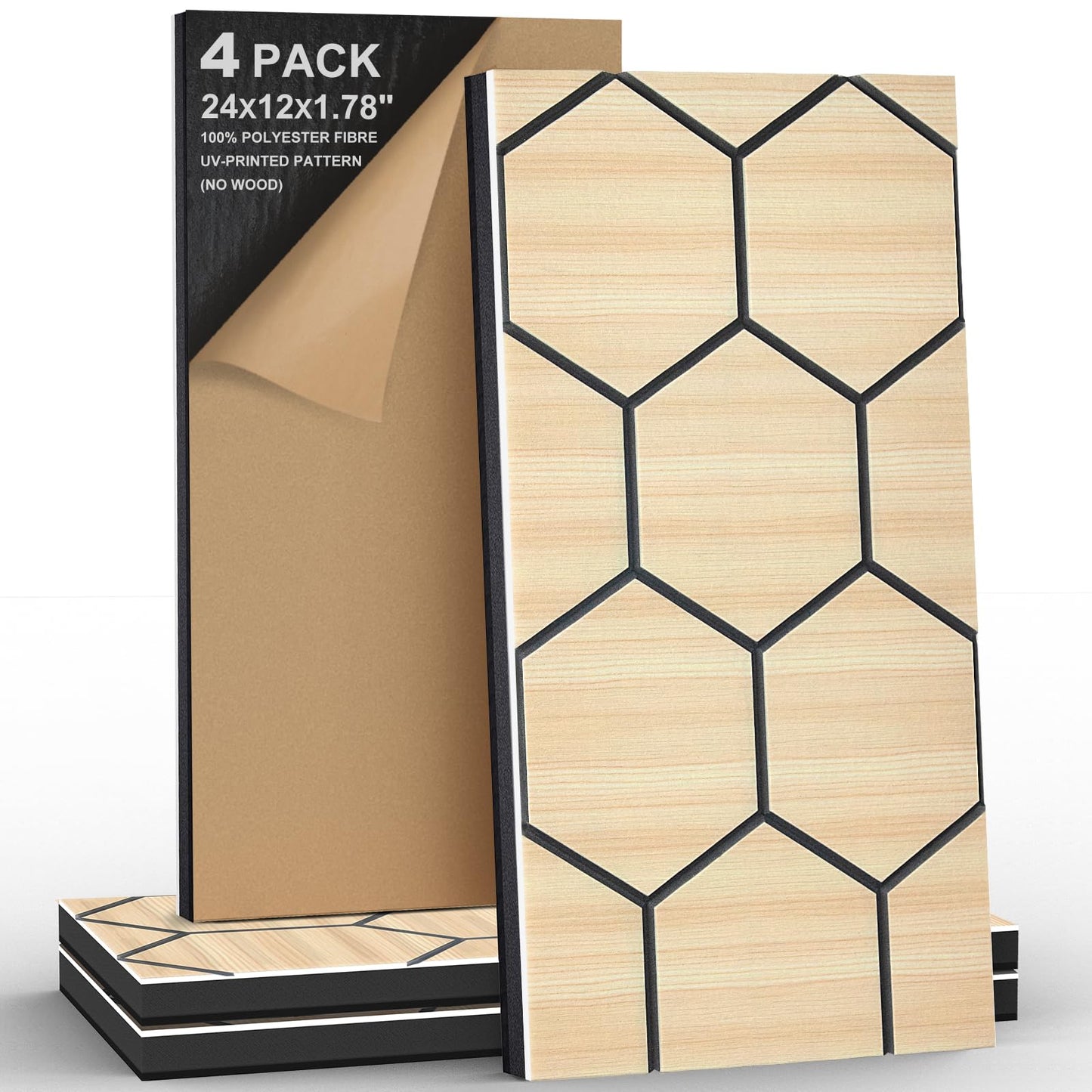 4Pack Acoustic Wall Panel Self-Adhesive Soundproof Foam Panels for Wall, 3D Perforated Tri-Layer Polyester Fiber Decorative Acoustic Insulation for Recording Studio, Office, Home, 24×12×1.78", Hexagon