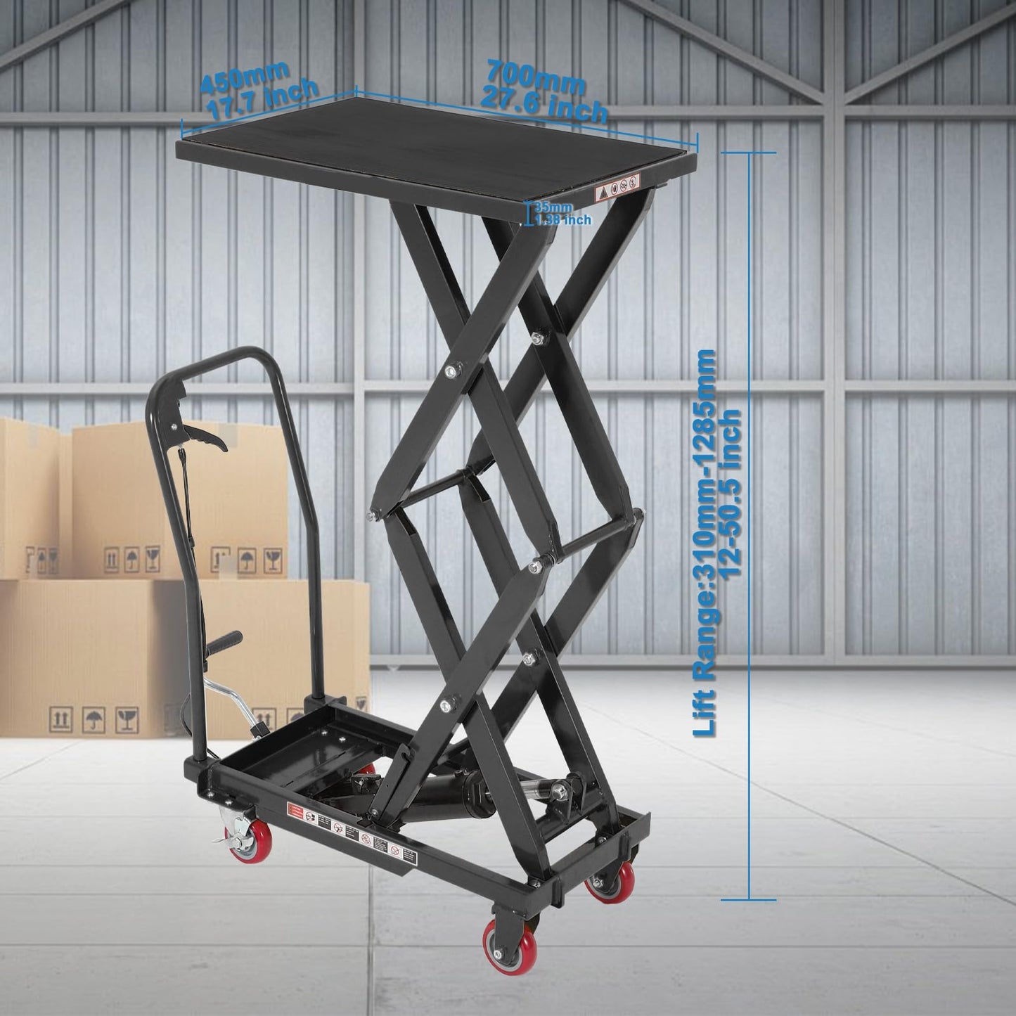 Garvee Heavy Duty Hydraulic Lift Table Cart 330LB Capacity, Double Scissor Lift Table with 50" Lifting Height, Non-Slip Platform & Locking Wheels for Garage, Warehouse, Workshop, Black
