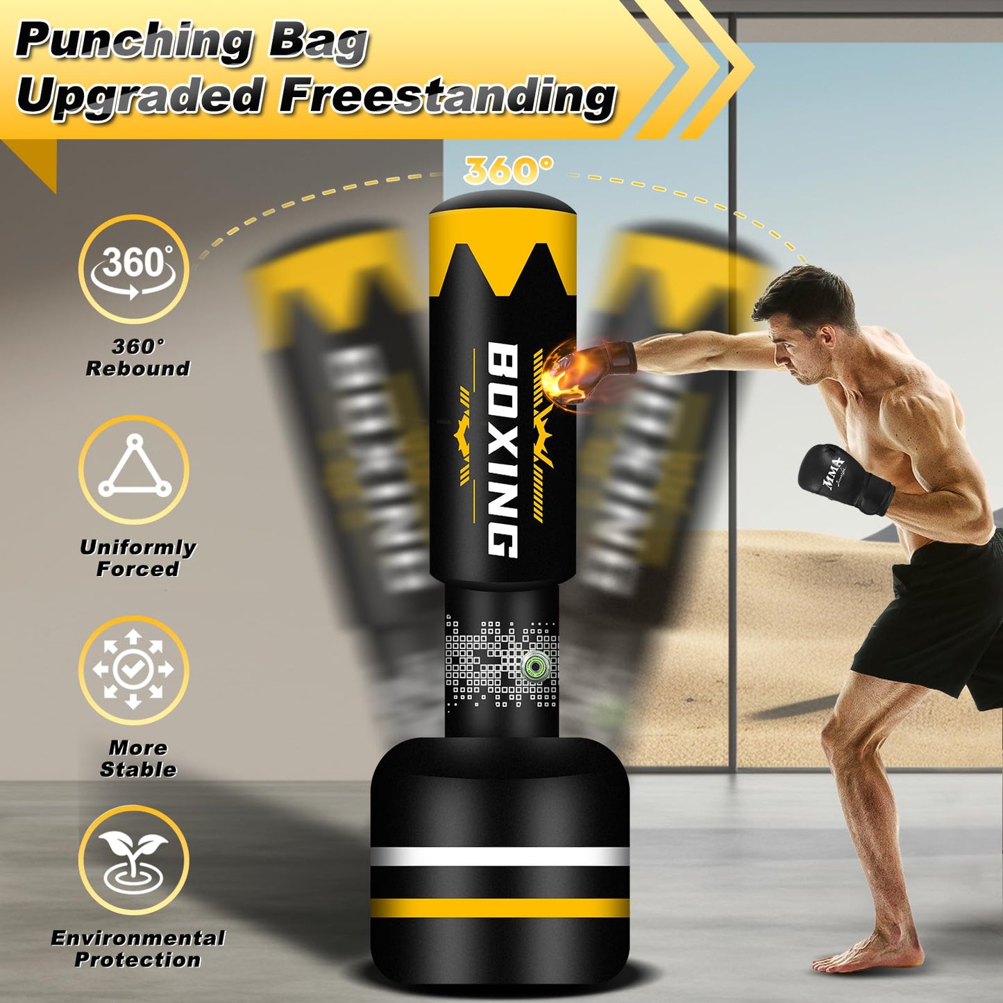 69'' Standing Punching Bag for Adults, Heavy Duty Kick Boxing Bag with Automatic Built in Air Pump and 12OZ Gloves, Training Equipment for MMA Muay Thai Kickboxing Home Gym Exercise