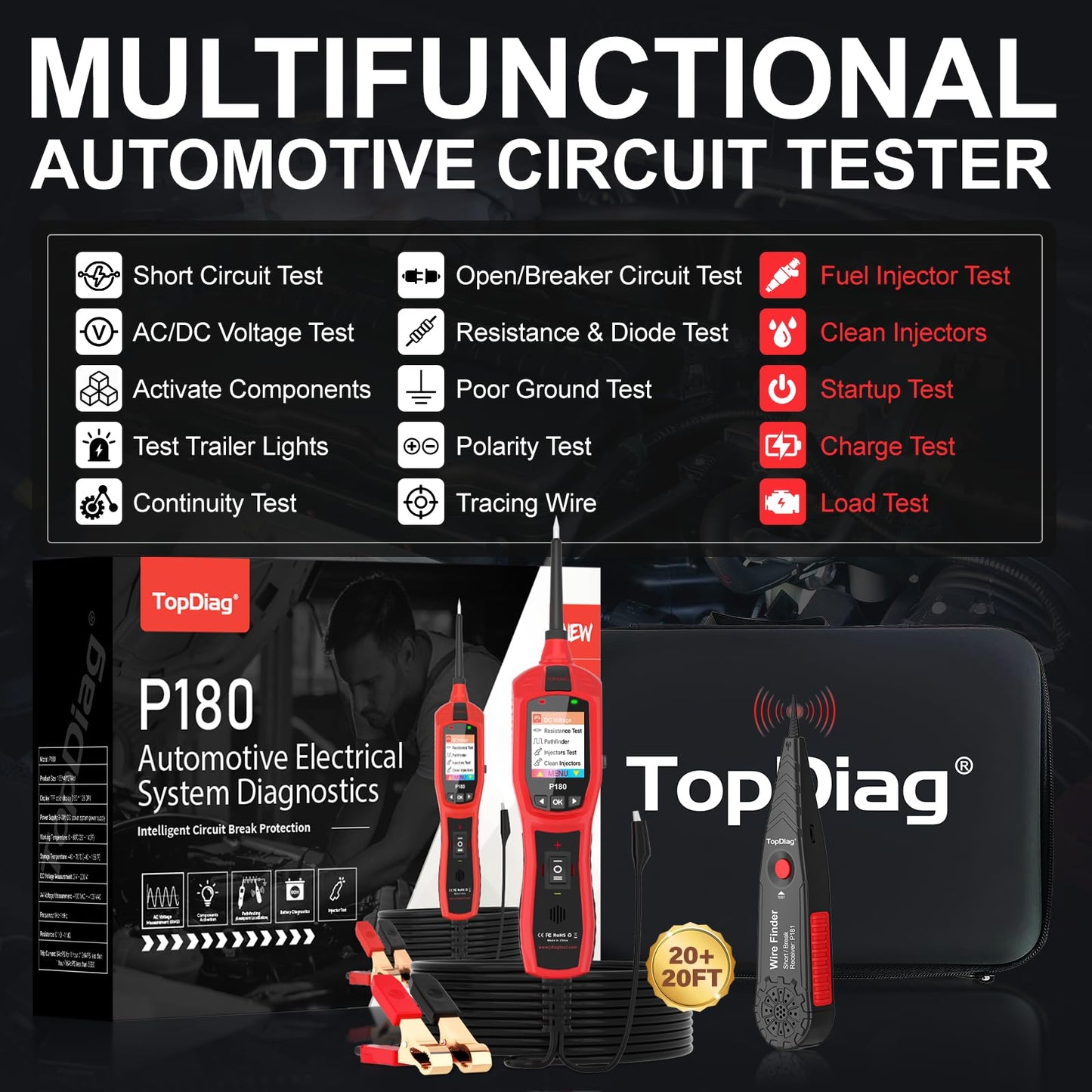 Circuit Breaker Finder Tool, Battery Tester, AC DC Voltage Tester, Fuel Injector Tester, 9V-30V Automotive Circuit Tester with 40FT Cable, P180