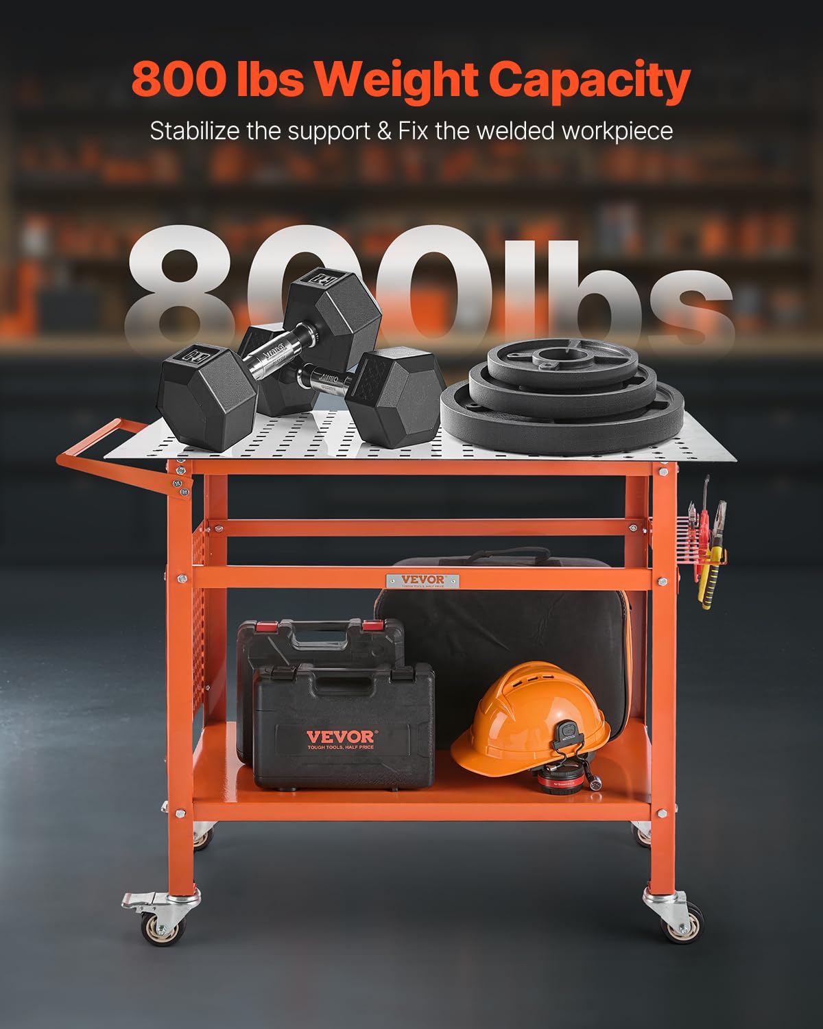 VEVOR Welding Table, 40" x 24" Welding Workbench Table with 800LBS Static Weight Capacity, Movable Steel Work Bench with 4 Wheels (2 with Brake), Double-Layer Storage Board and 5/8-inch Fixture Holes
