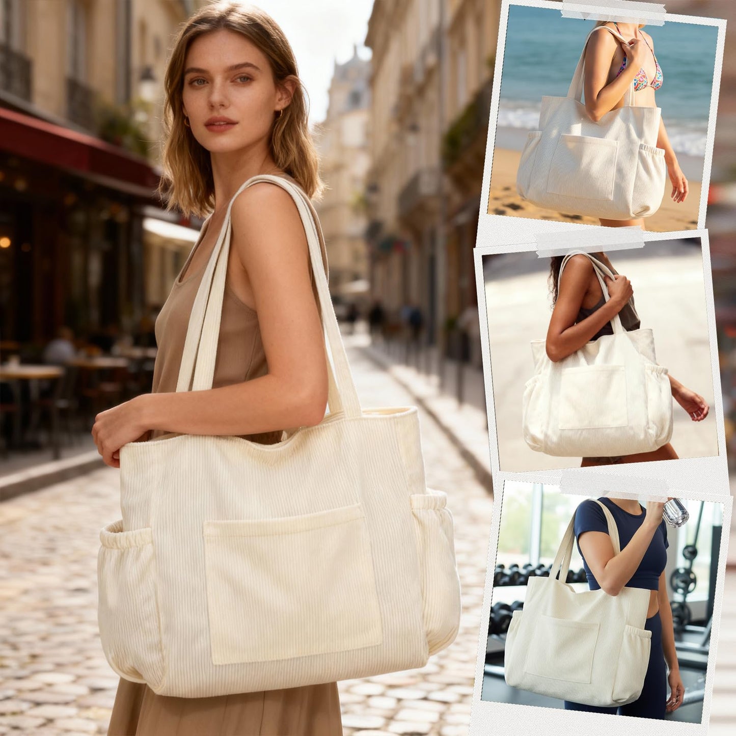 Corduroy Tote Bag for Women, Large Capacity Cute Tote Bags With 6 Pockets, Laptop Tote Bag Crossbody Shoulder Handbag Teacher Nurse Bags for Work Travel Gym(Beige)