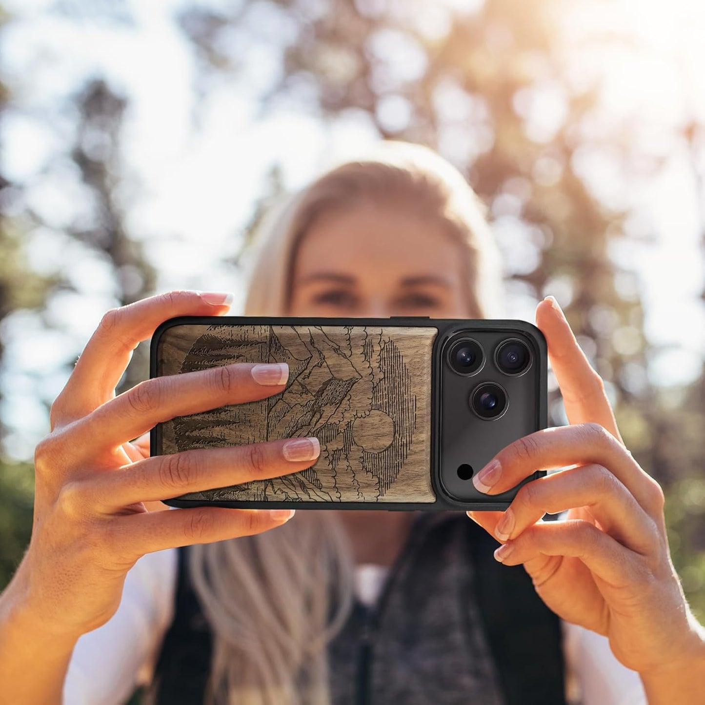 Carveit 17 Magnetic Wooden Case for iPhone Pro Case, Wood Artisan Engraved & Black Soft TPU Shockproof Cover