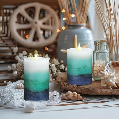 Baquler Flameless LED Ocean Gradient Pillar Candles - 3 Pcs Blue Teal Coastal Decor for Weddings & Parties