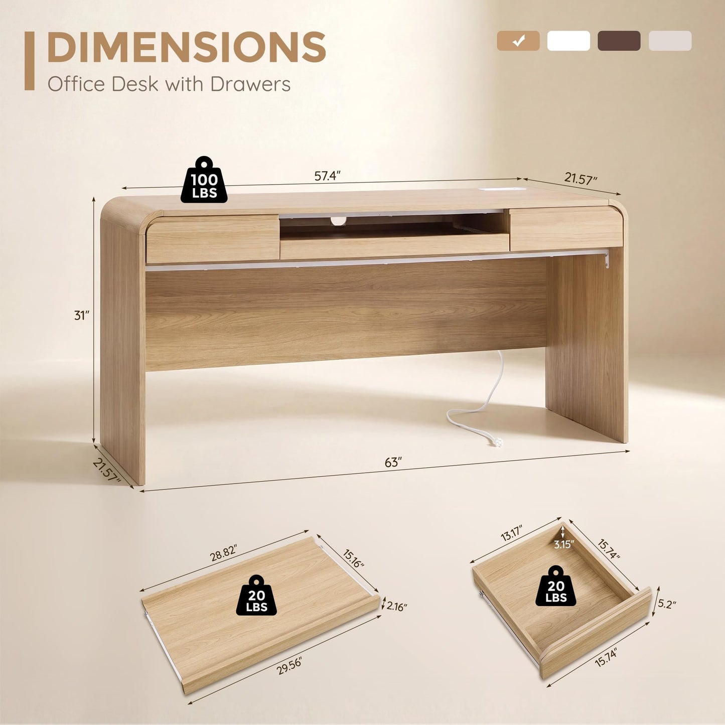 ALLTUFO 63" Modern Computer Desk with 2 Drawers, Wood Curved Executive Desk with Keyboard Tray & Power Outlet, Writing Desks with Storage for Home Office, Study Room, Living Room (Natural)