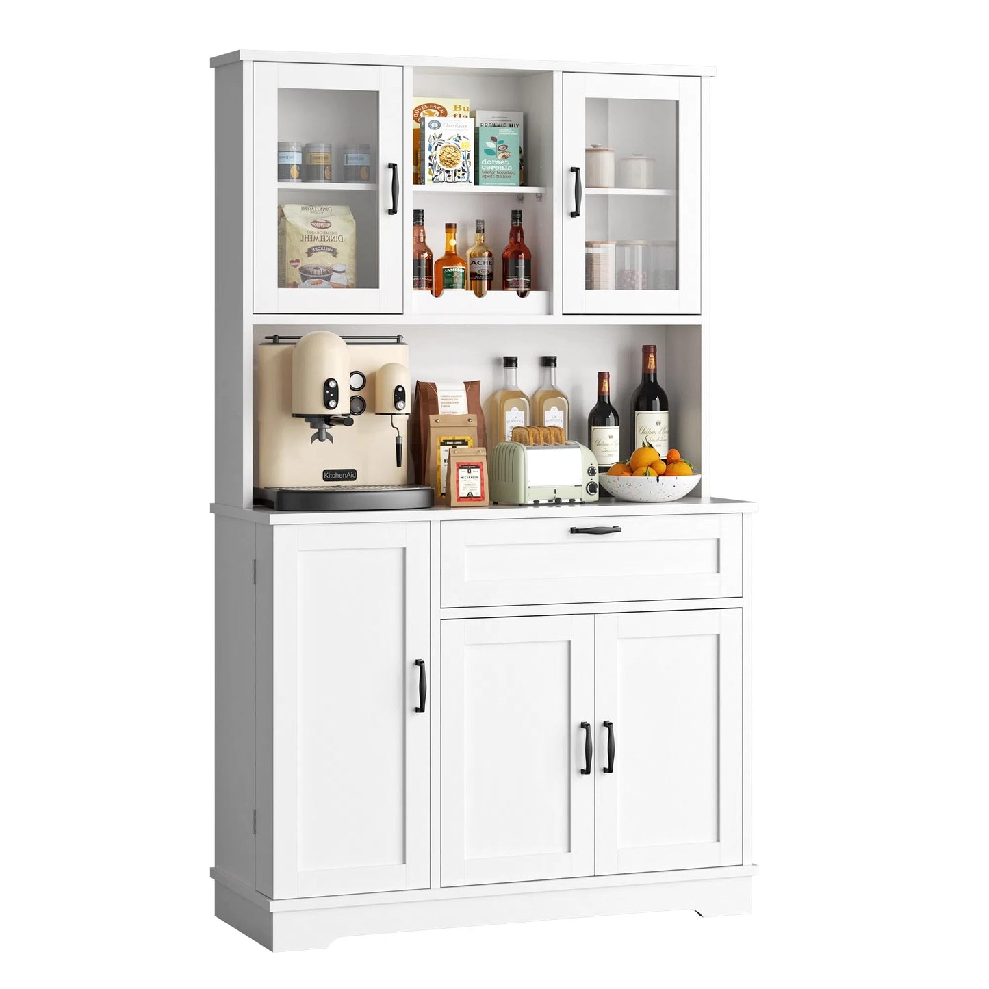 Vongrasig Kitchen Pantry Cabinet, Large Kitchen Hutch Formhouse Storage Cabinet with Microwave Stand, Tall Food Pantry for Dining Room, Living Room, White