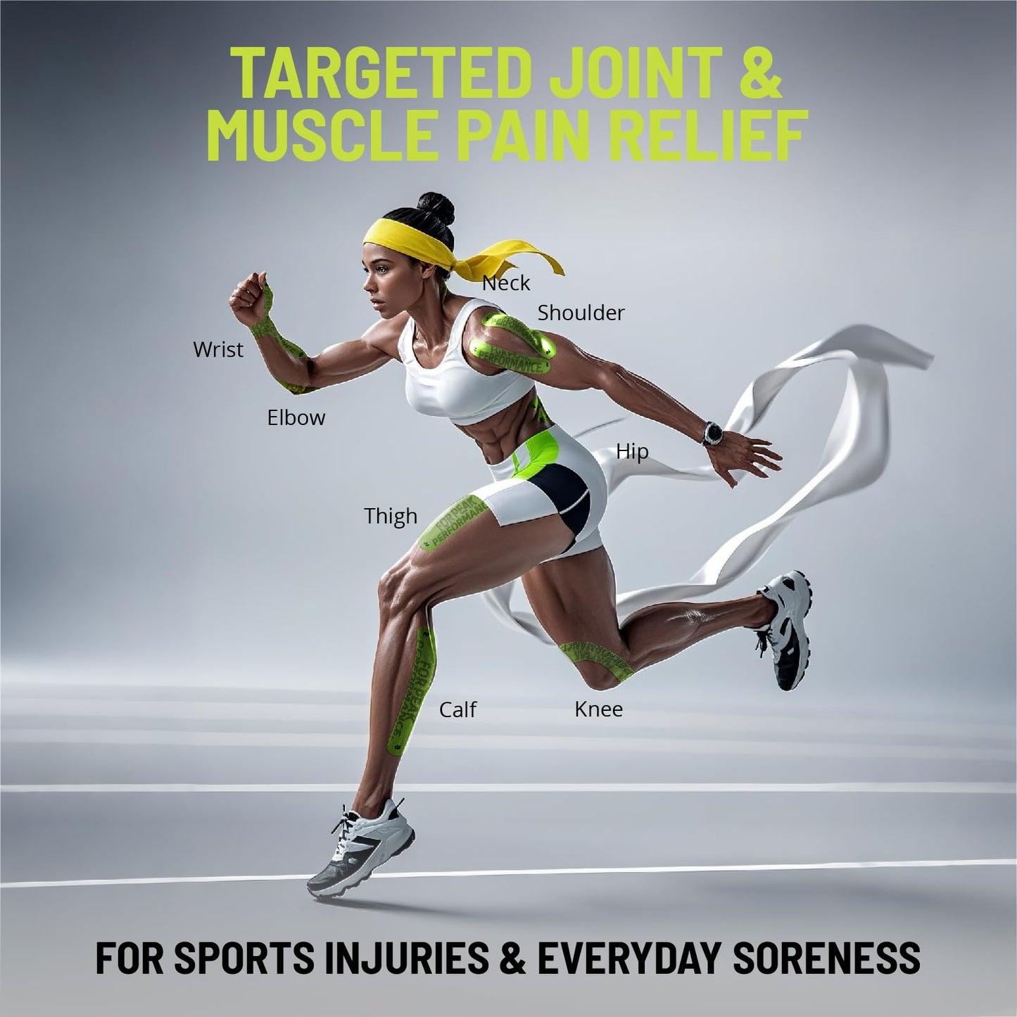 FitPoint Synthetic Kinesiology Tape Ultra-Sticky Adhesive Athletic Tape 20 Count Precut Strips 1 Roll Pain Relief Joint Support Waterproof Elastic Sports Tape for Shoulder Knees Wrist Ankle Feet