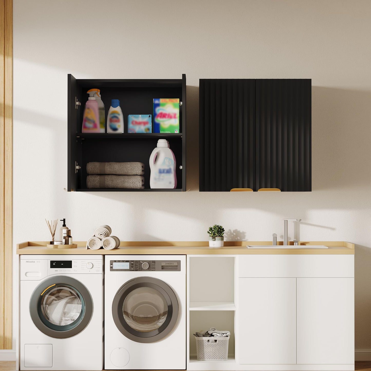 ChooChoo Bathroom Wall Cabinet, Kitchen Storage Cupboard Cabinet with 2 Doors, Fluted Laundry Room Cabinet for Bathroom, Kitchen, Garage, Black