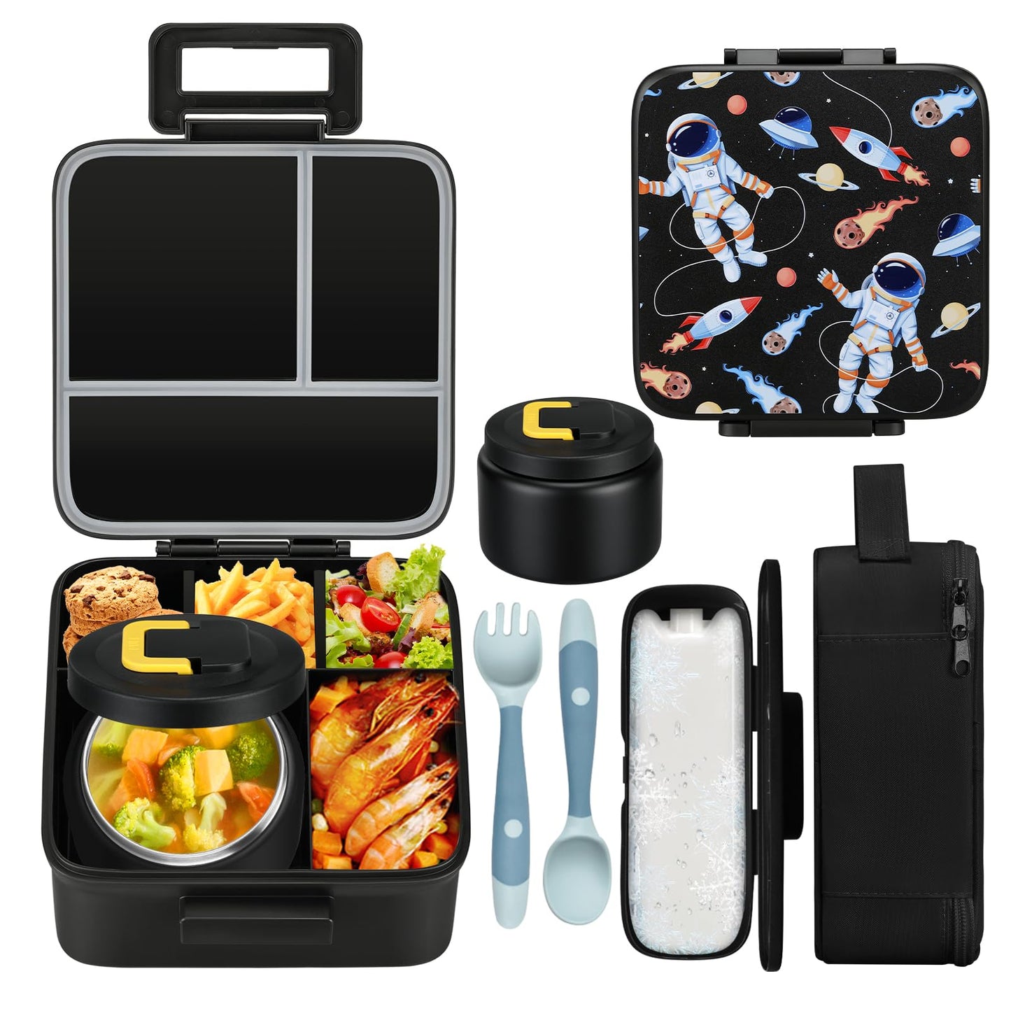 MAISON HUIS Bento Lunch Box with 8oz Soup Thermo, 5-Compartment Leak-Proof Container, Thermo Hot Food Jar and Insulated Lunch Bag, BPA Free,Travel, School