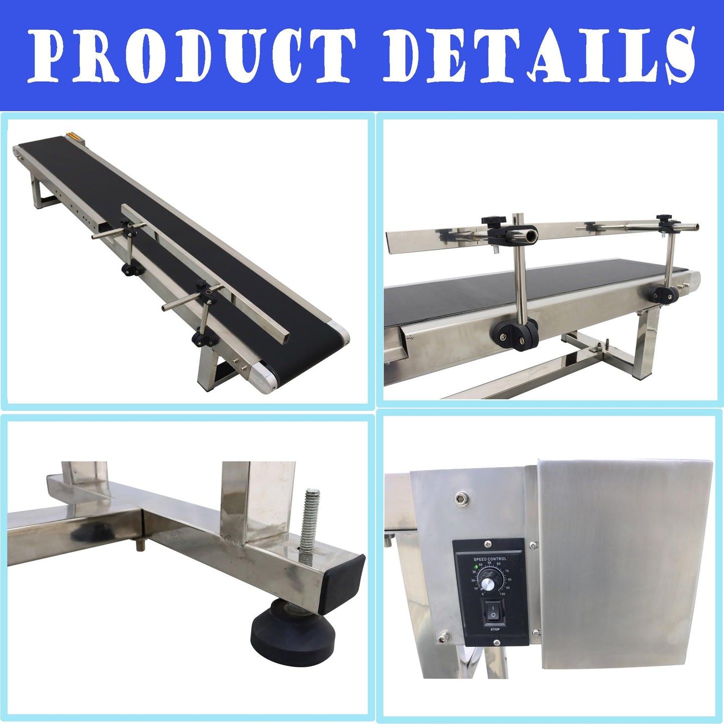 HQHAOTWU Flat Belt Conveyor PVC Belt Transport Conveyor Benchtop with Single Guardrail Stainless Steel Frames 59×7.8inch