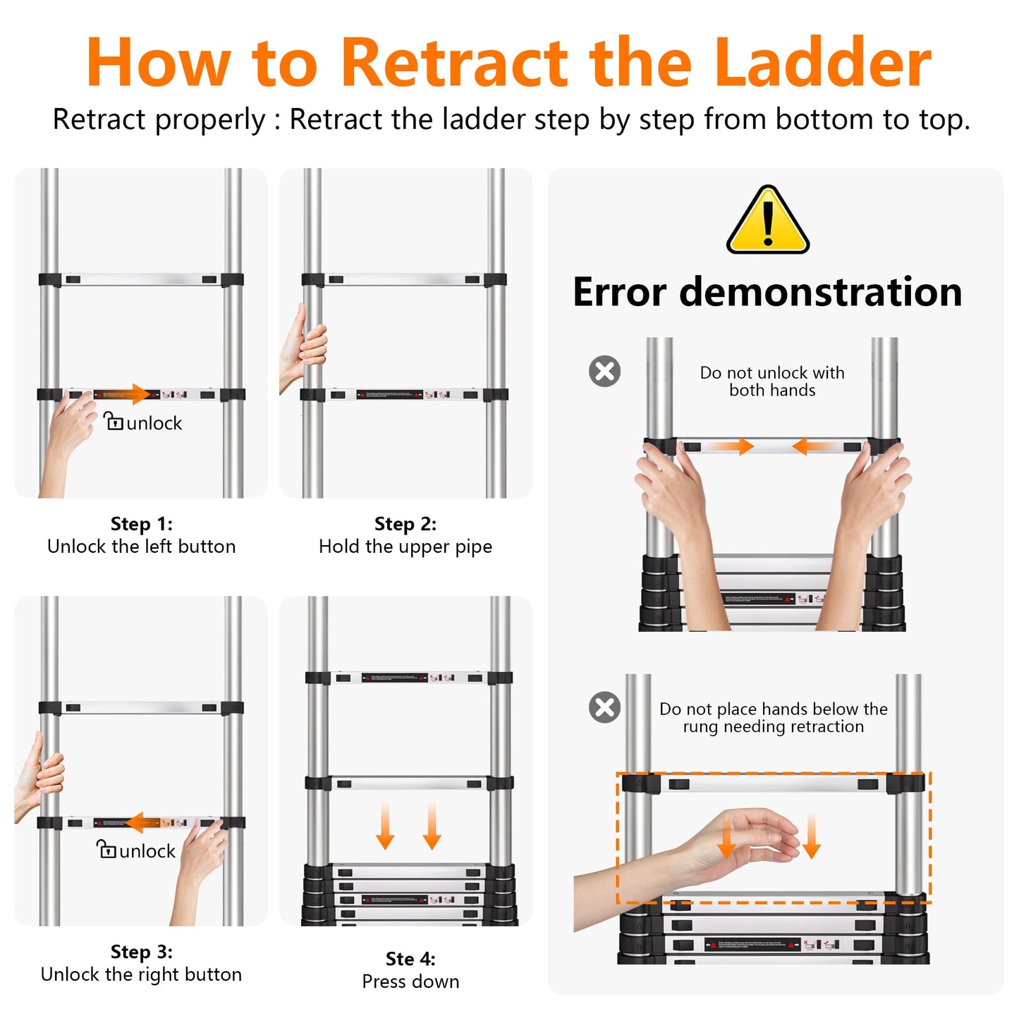 Telescoping Ladder 14.5 FT Stainless Steel Extension Ladder with 2 Detachable Hooks, Portable Multi-Purpose Collapsible Telescope Ladder for Home,RV,Outdoor Work,330lbs Max Capacity