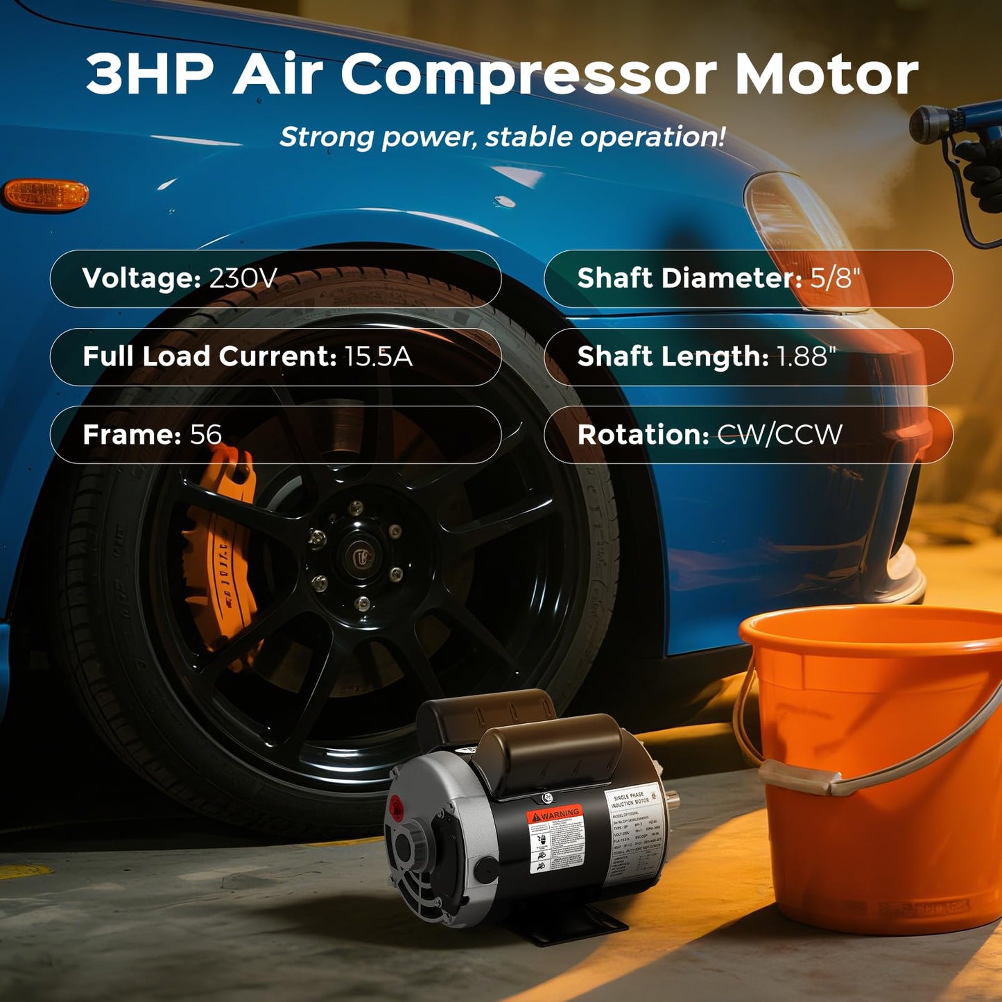 Bonvoisin 3HP Air Compressor Motor 56 Frame 3450RPM Single Phase Electric Motor, 5/8" Keyed Shaft, 1.88" Shaft Length, CCW/CW Rotation, 230V, 15.5 Amps