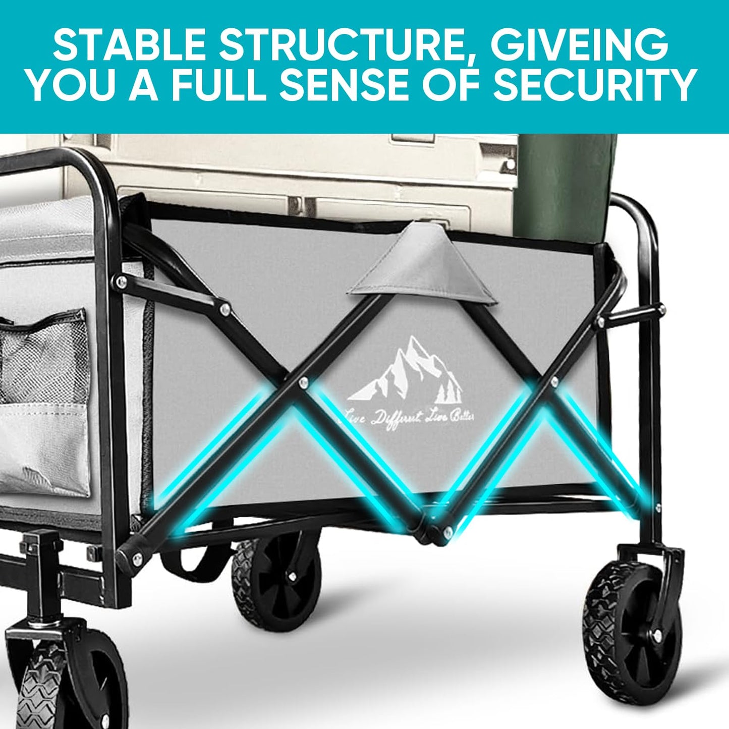 SAILARY Collapsible Wagon with Quiet Wheels - Silent Grocery Shopping Cart for Seniors, Foldable Utility Cart for Laundry & Apartment, Washable Heavy Duty Rolling Wagon with Two Mesh Pockets, Gray