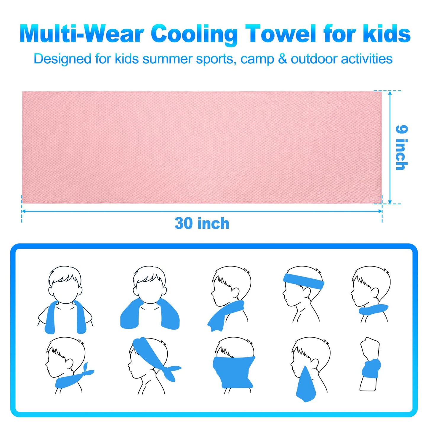 BobbleT 4 Pack Kids Cooling Towels, 30" x 9" Cooling Towels for Neck and Face, Soft Breathable Cooling Neck Wraps for Boys & Girls, Ideal for Sports, School, Summer Camp & Outdoor Use