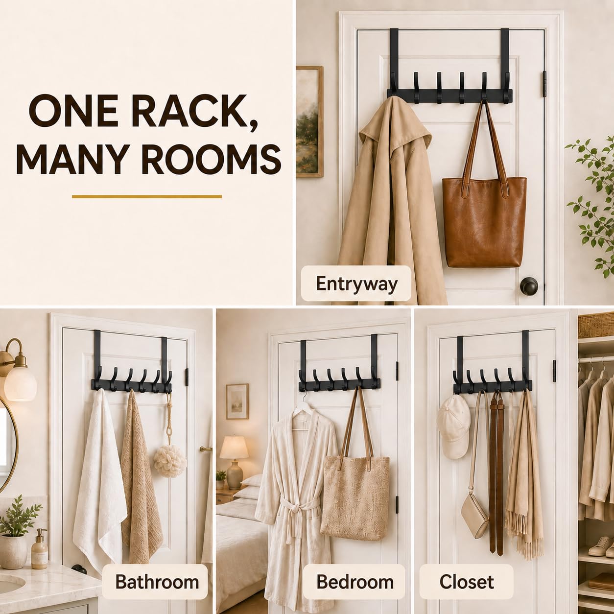 Peasulin 2 Pack Large Over The Door Hooks, Sturdy Door Hanger with 12 Hooks, Door Towel Rack for Bathroom, Bedroom, Kitchen, Coat Rack for Hanging, Easy to Install (Black)