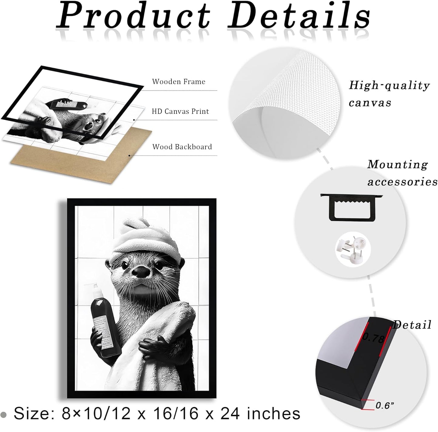 SYWENNOI Framed Black and White Bathroom Canvas Art - Funny Otter Bath Decor | Ready to Hang 8x10 Inches