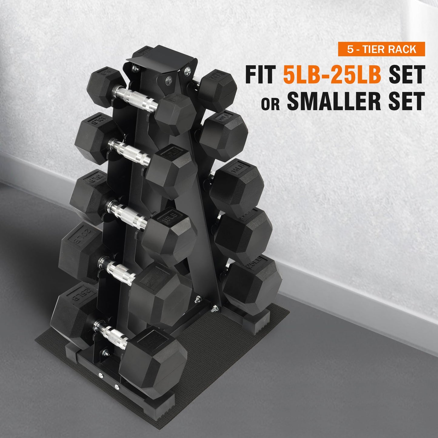 Fitvids Rubber Encased Hex Dumbbell Weight Set and Storage Rack, 150 LB (5-25lbs Pairs)