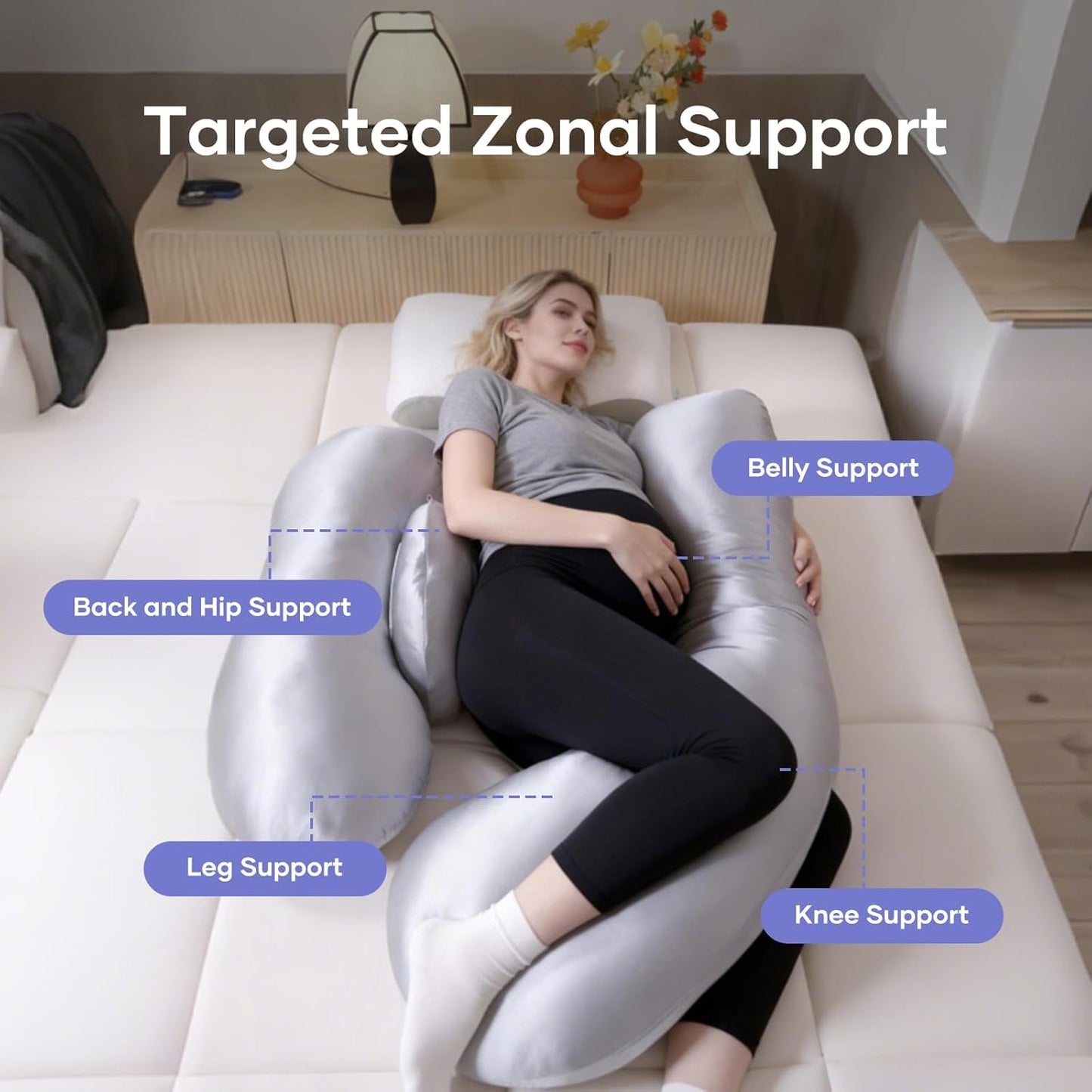Skiennix Pregnancy Pillow - H-Shaped Full Body Support with Adjustable Cooling Cover | Grey