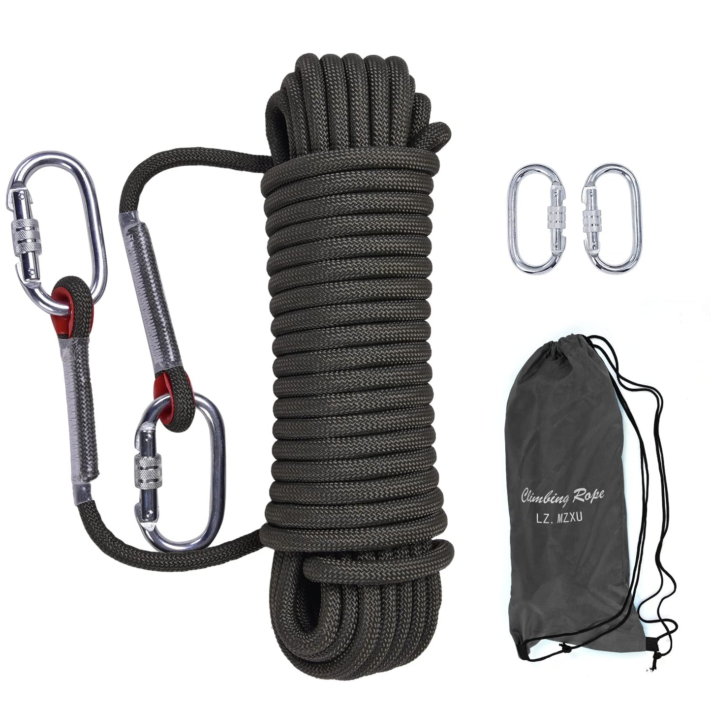 LZ.MZXU Climbing Rope, 12mm Static Climbing Ropes, 32FT(10M) 65FT(20M) 100FT(30M) 164FT(50M) Outdoor Rock Climbing Rope with Hook, Safety Rappelling Ropes, Fire Rescue Parachute(Black, 164FT)