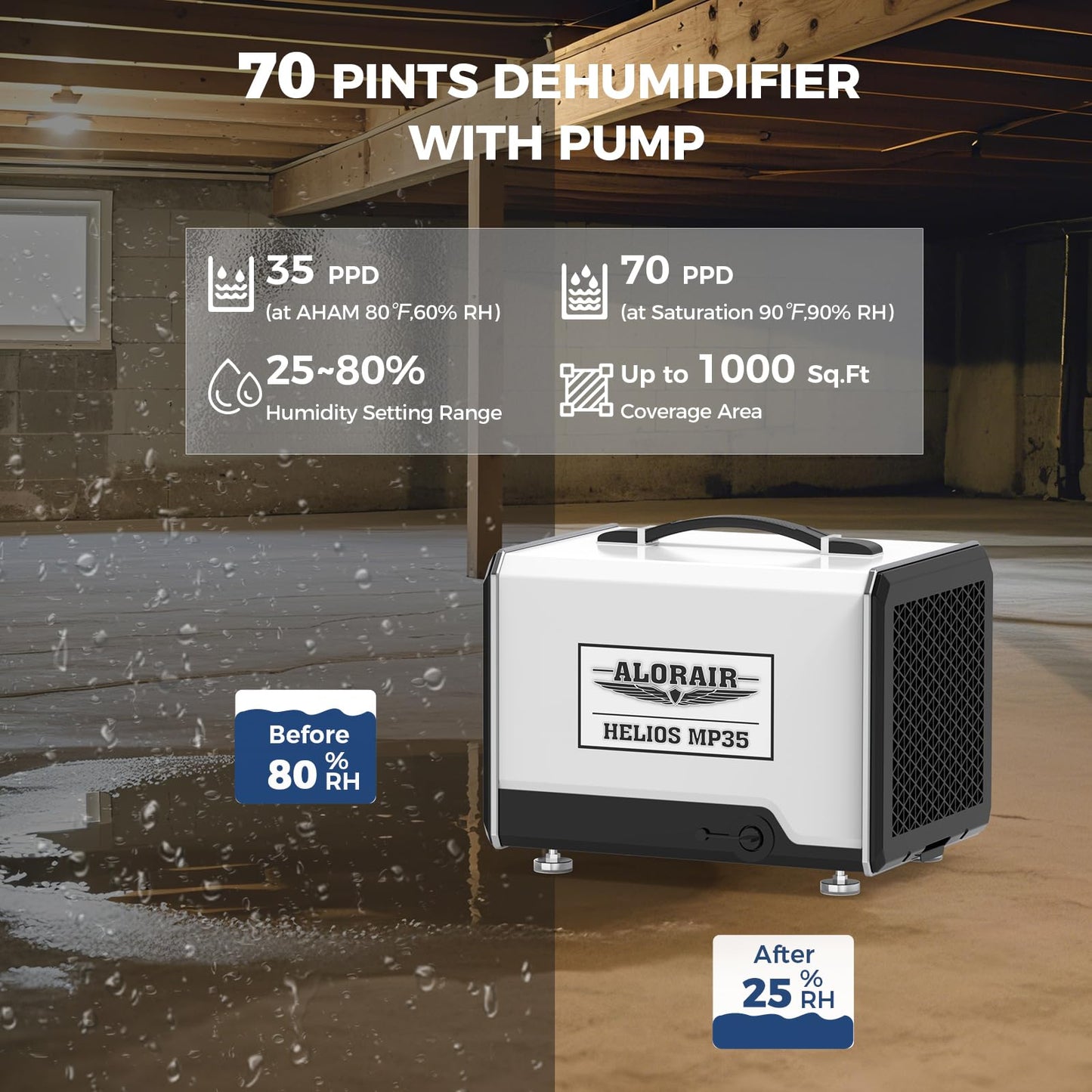 ALORAIR 70 Pints Crawl Space Dehumidifier with Pump and Drain Hose, Compact Basement & Commercial Dehumidifier for Water Damage Restoration, Covers Up to 1,000 Sq. Ft., 6-Year Limited Warranty