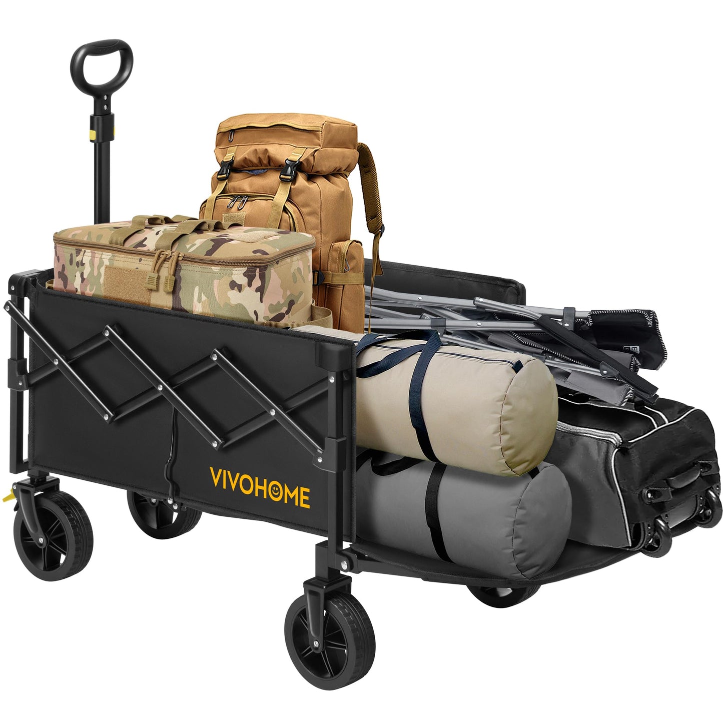 VIVOHOME 130L Collapsible Wagon with Tailgate, 320lb Load-Bearing Outdoor Utility with All-Terrain Wheels, Adjustable Handle, Cup Holders for Camping, Shopping, Garden, Sports, Picnic, Black