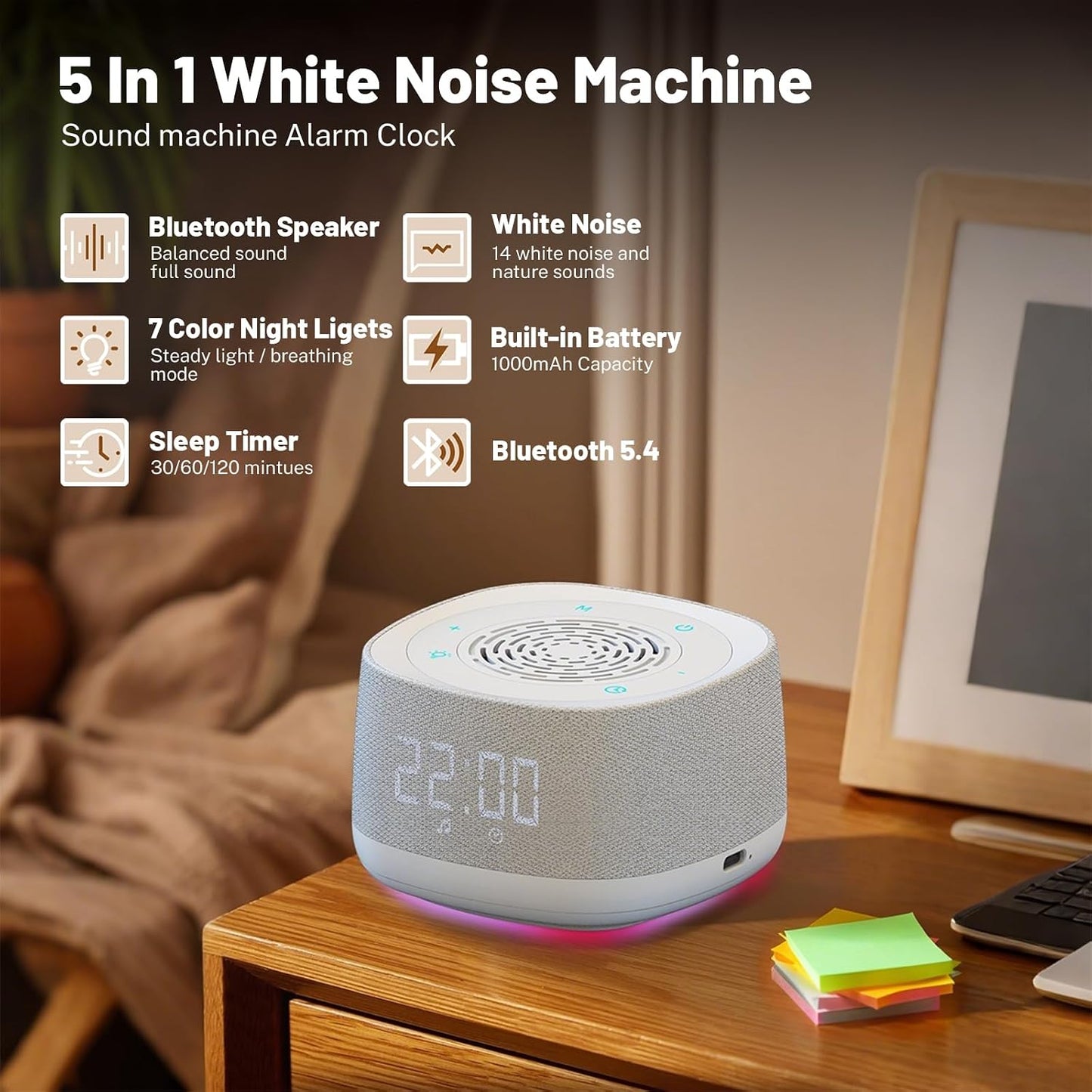 5.4, 14 1000mAh Sound Machine & Clock with Bluetooth Soothing White Noise Sounds, Night Light, Sleep Timer, Portable