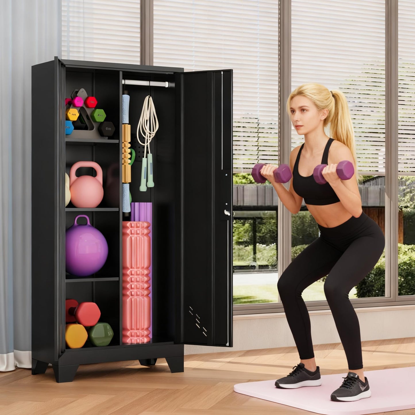 VASAAOSD 61IN Home Gym Storage Cabinet for Kettlebells, Yoga Mat and Balls, Workout Equipment Storage Organizer with Lock Doors, Dumbbell Rack Cabinet, Weight Rack for Dumbbells