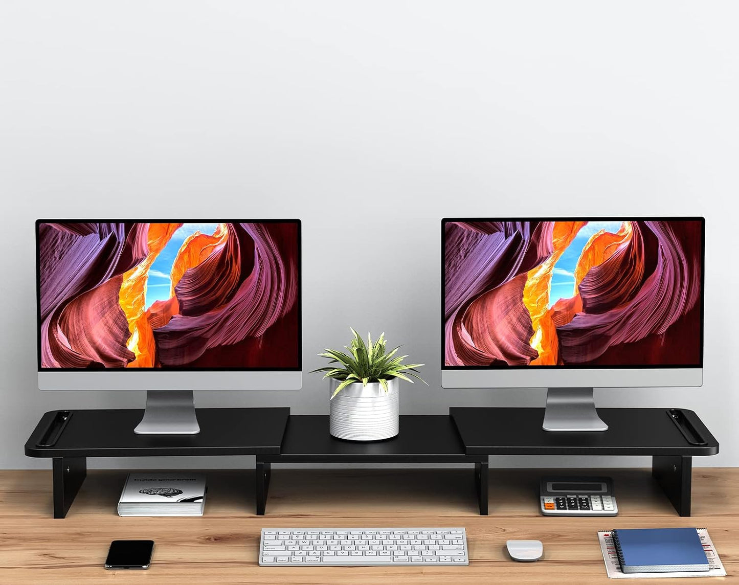 2 Zimilar Dual Monitor Stand Riser, Monitor Stand with Adjustable Length and Angle, Wood Monitor Stand for Desk
