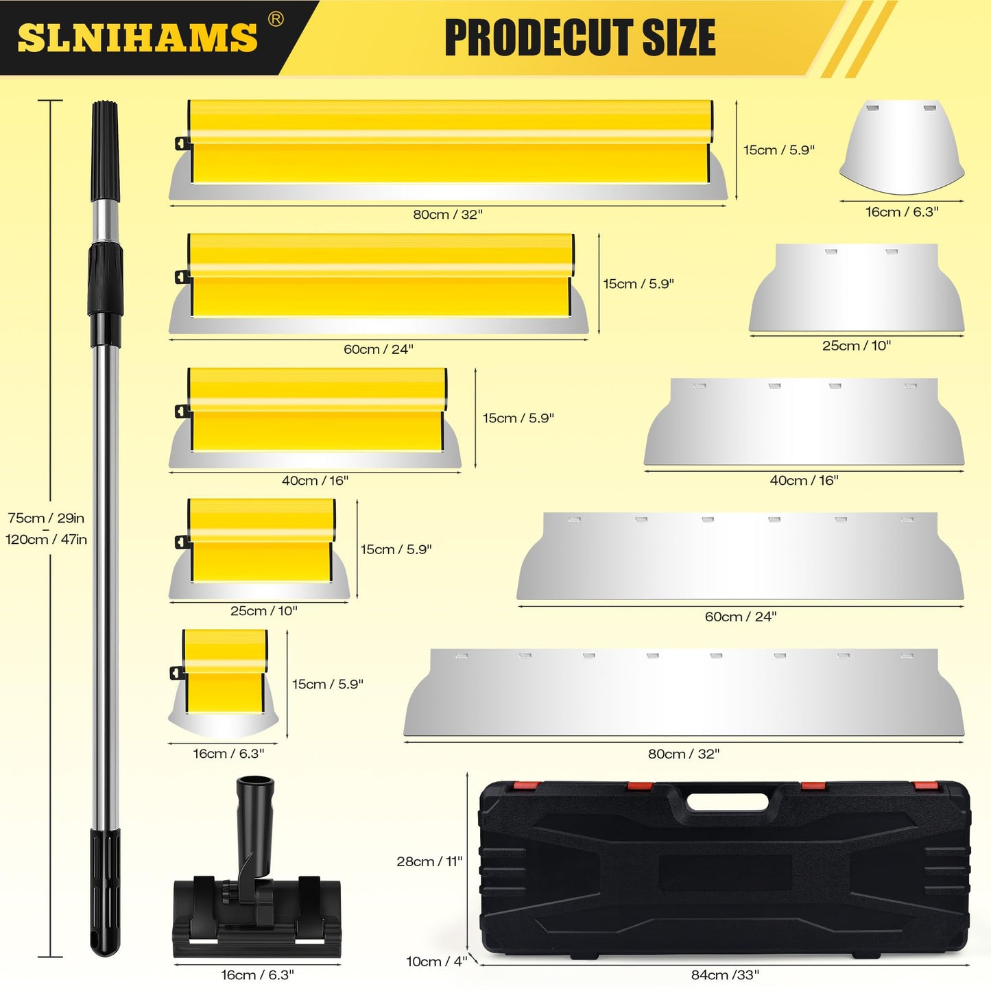 SLNIHAMS Drywall Skimming Blade Set with Replaceable Blades – 5 Stainless Steel Blades (16"-32"), 29"-47" Telescoping Handle & Grip Adapter – Professional Wall Finishing Tools for Smooth Coating