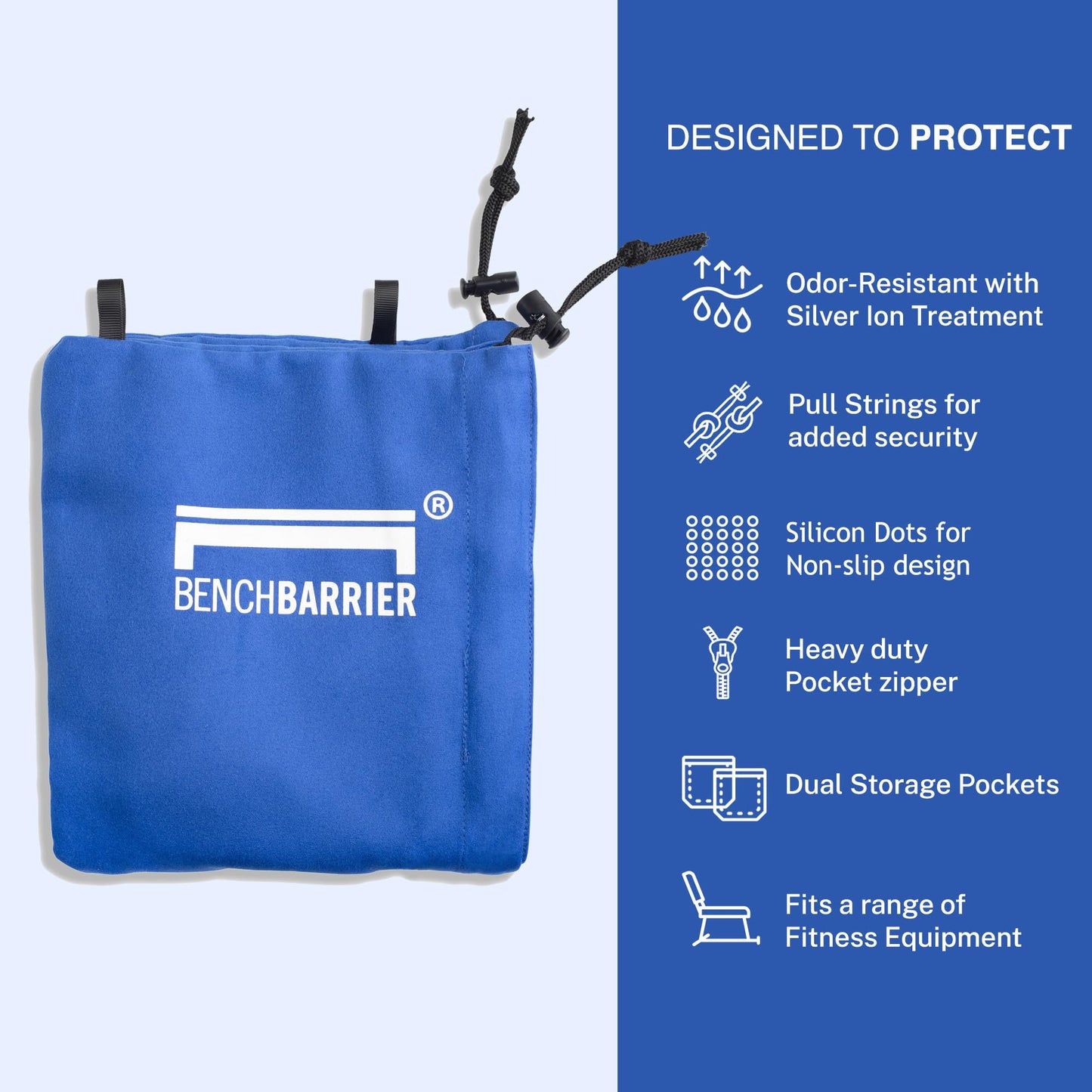BENCHBARRIER® - The Next Step in Gym Hygiene | Protective Gym & Fitness Equipment Cover | Clean, No-Slip Microfiber Barrier for Sweaty, Germy Surfaces | Helps Stay Fresh Between Washes | Portable with Built-In Storage Pockets