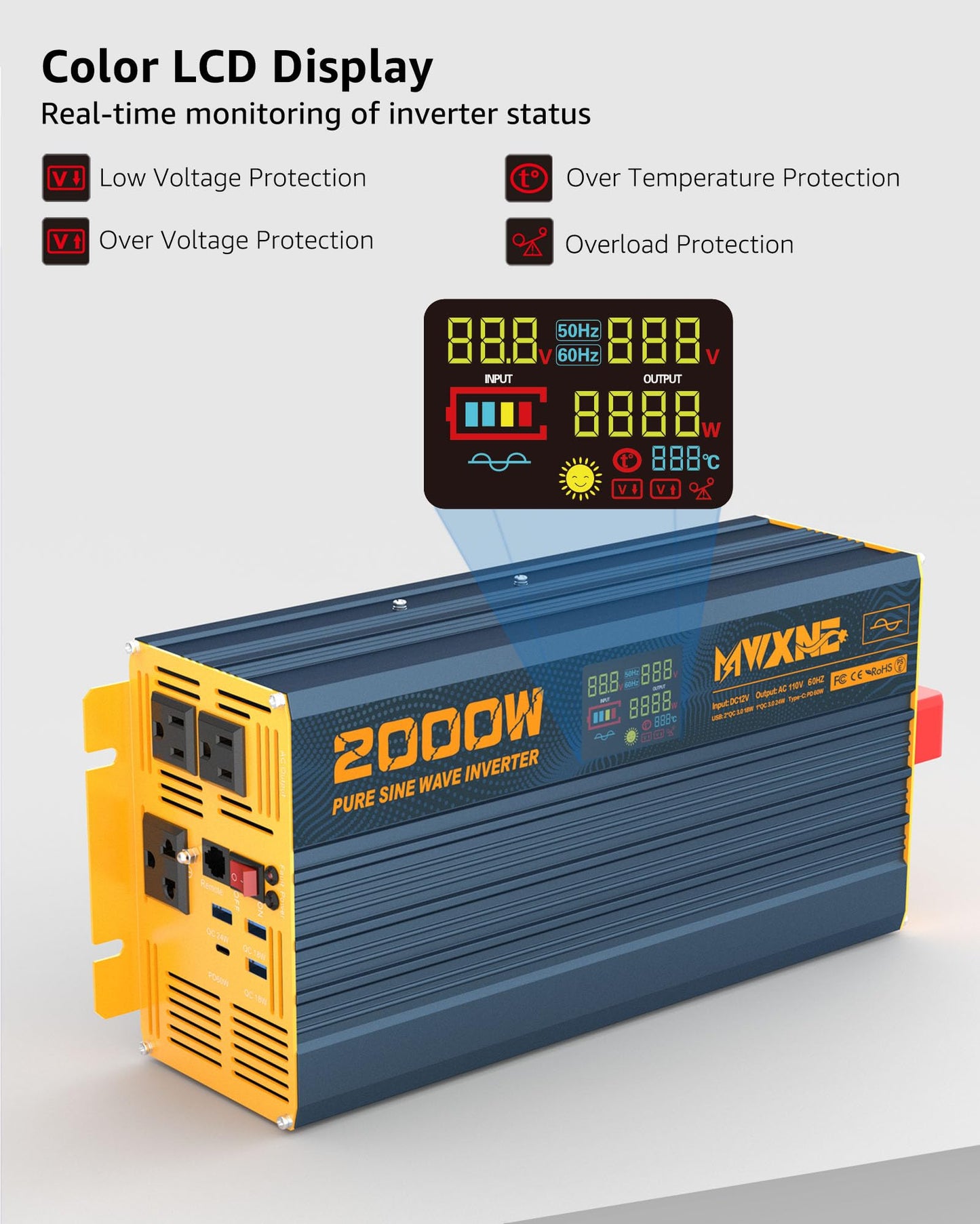 MWXNE 2000W Pure Sine Wave Power Inverter DC 12V to 110V 120V AC with 4 Quick Charging USB Ports& 3 AC Outlets Power Inverters for Vehicles RV Truck Home with LCD Display and Remote Controller