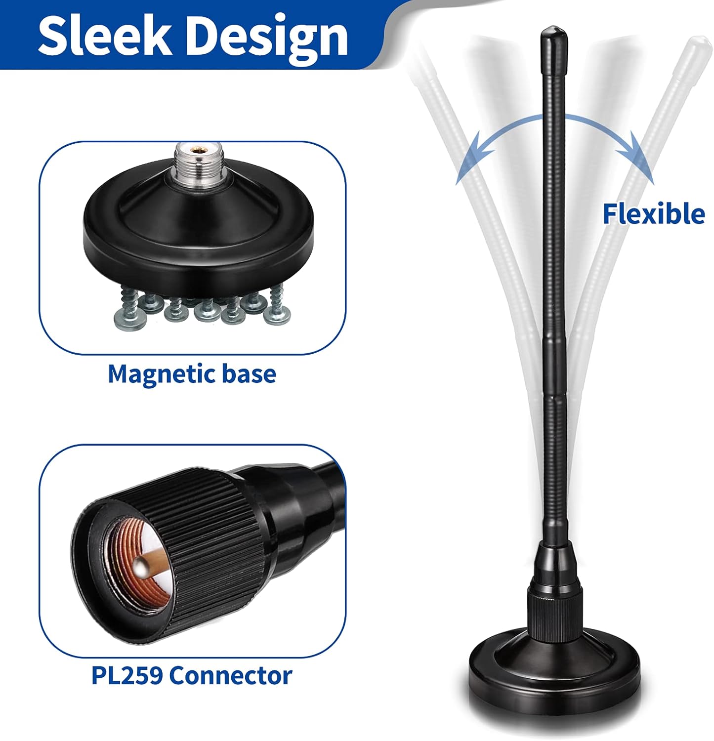 BINGFU 27MHz PL259 CB Radio Antenna Magnetic Base Soft Whip & BNC Male Compatible with Cobra Midland Uniden Maxon