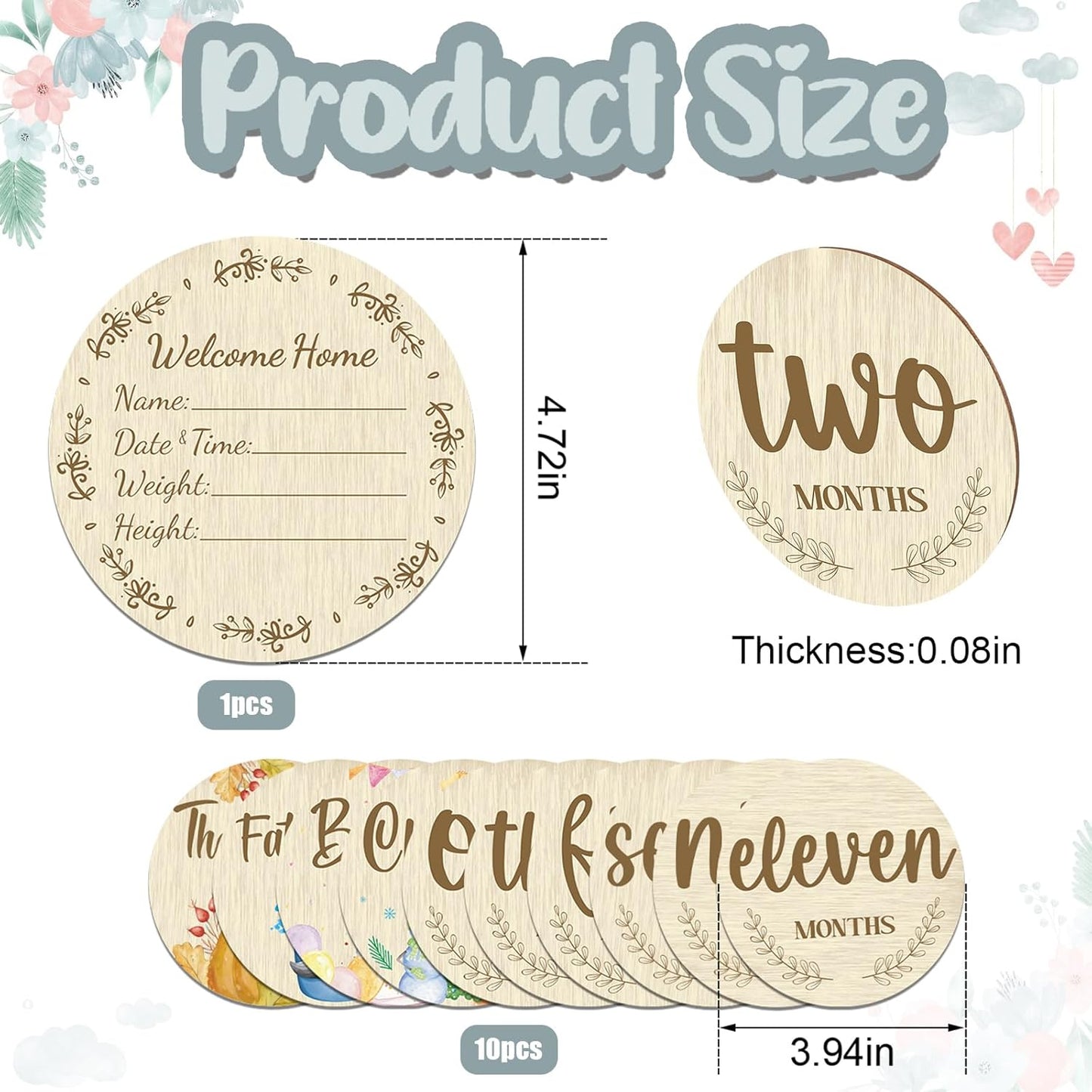 Threetols 11PCS Wooden Baby Monthly Milestone Cards Sign, Double Sided Newborn Photography Prop Pregnancy Journey Baby