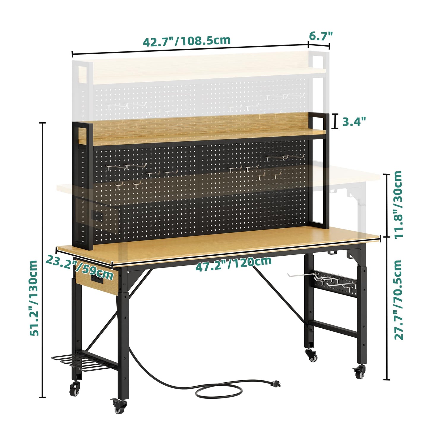 YITAHOME 48" Adjustable Workbench with Pegboard, Wheels, 1600 LB Capacity, Rolling Work Table with AC/USB Outlets, Hooks, and Rack, Heavy-Duty Work Bench for Garage, Workshop, Office