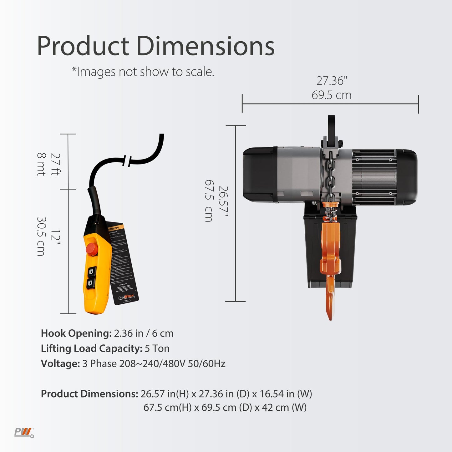 Prowinch 5 Ton Electric Chain Hoist – Single Speed, Heavy Duty H4, Dual Voltage 208/480V 3-Phase, 30 ft Lifting Height, G100 Nickel Chain, IP55 – ASME B30.16 Industrial Hoist