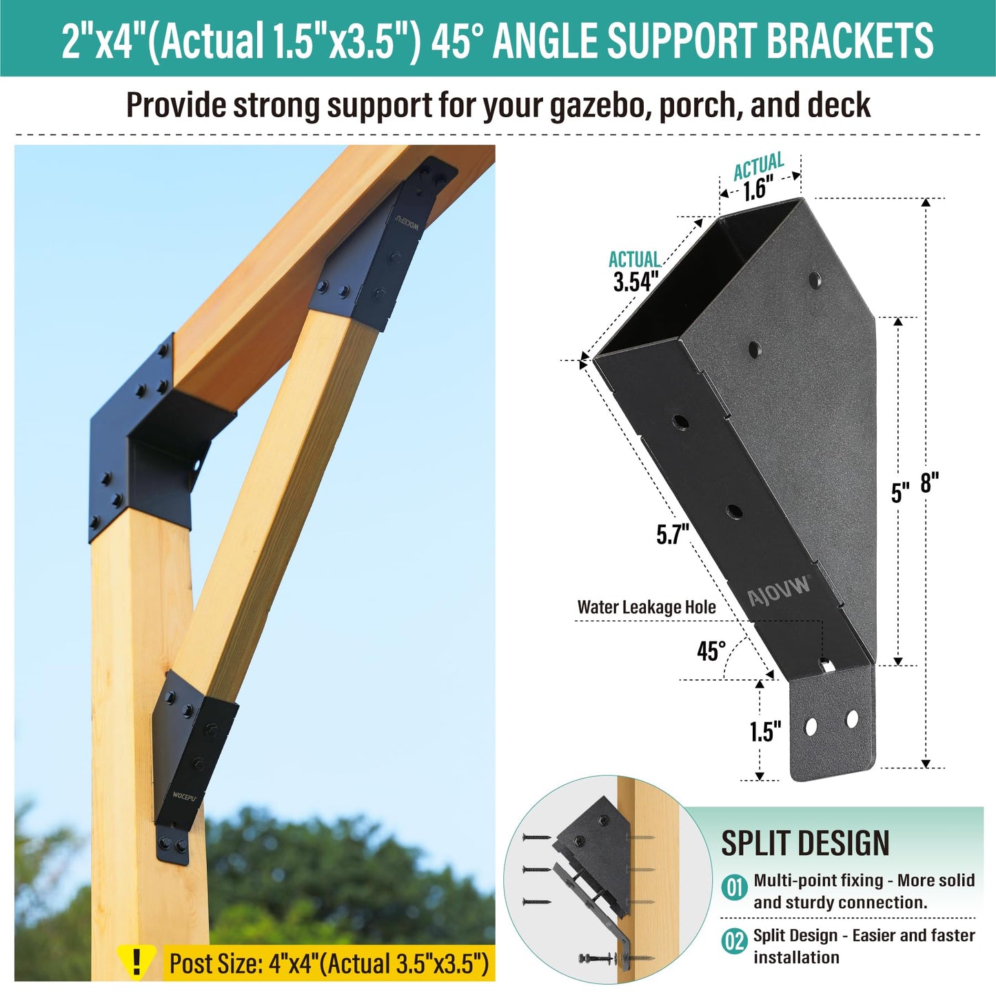 AJOVW-4 Piece 45 Degree Angle Bracket for 2'' x 4'' Supporting Wooden Post (Actual Size: 1.5'' x 3.5'') for Gazebo, Pergola, Garage, Treehouse, Deck, Stable, Shed and Other Scenes