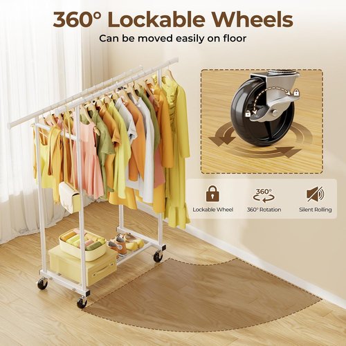 HYSEYY Rolling Clothes Rack - Sturdy Double Rod Portable Wardrobe for Bedroom & Laundry - White