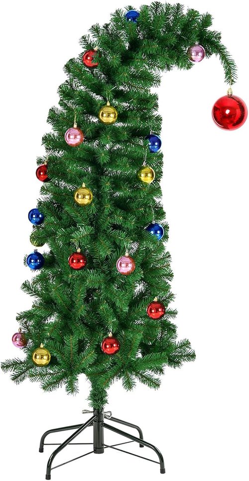Hatisan 6FT Artificial Christmas Tree - Bent Green Design with Ball Ornaments & Metal Base for Holiday Decor
