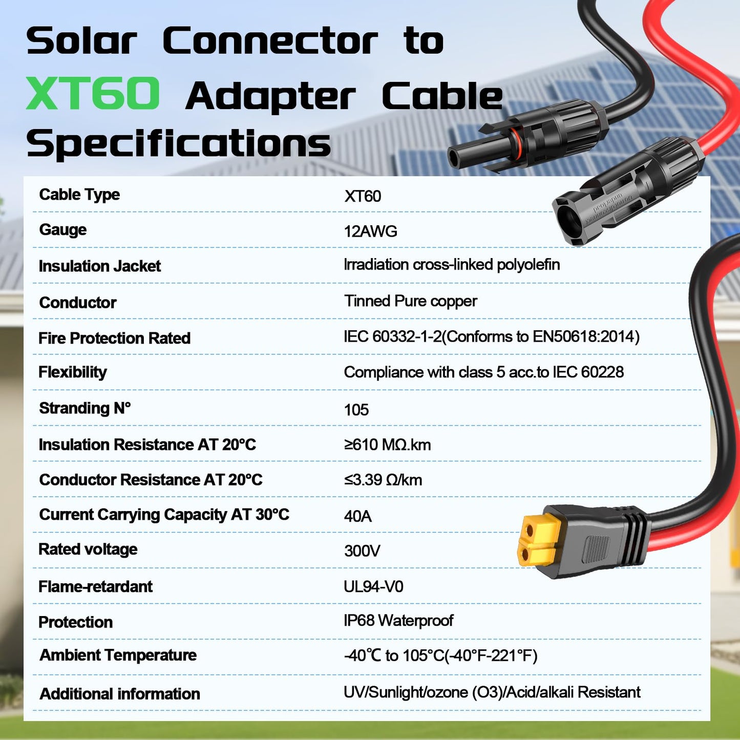 Bateria Power Solar Panel Cable for Ecoflow Anker SOLIX 12AWG 100FT XT60 Solar Cable, XT60 Extension Charge Extension Cable Compatible with EcoFlow, Anker, BLUETTI & Generator