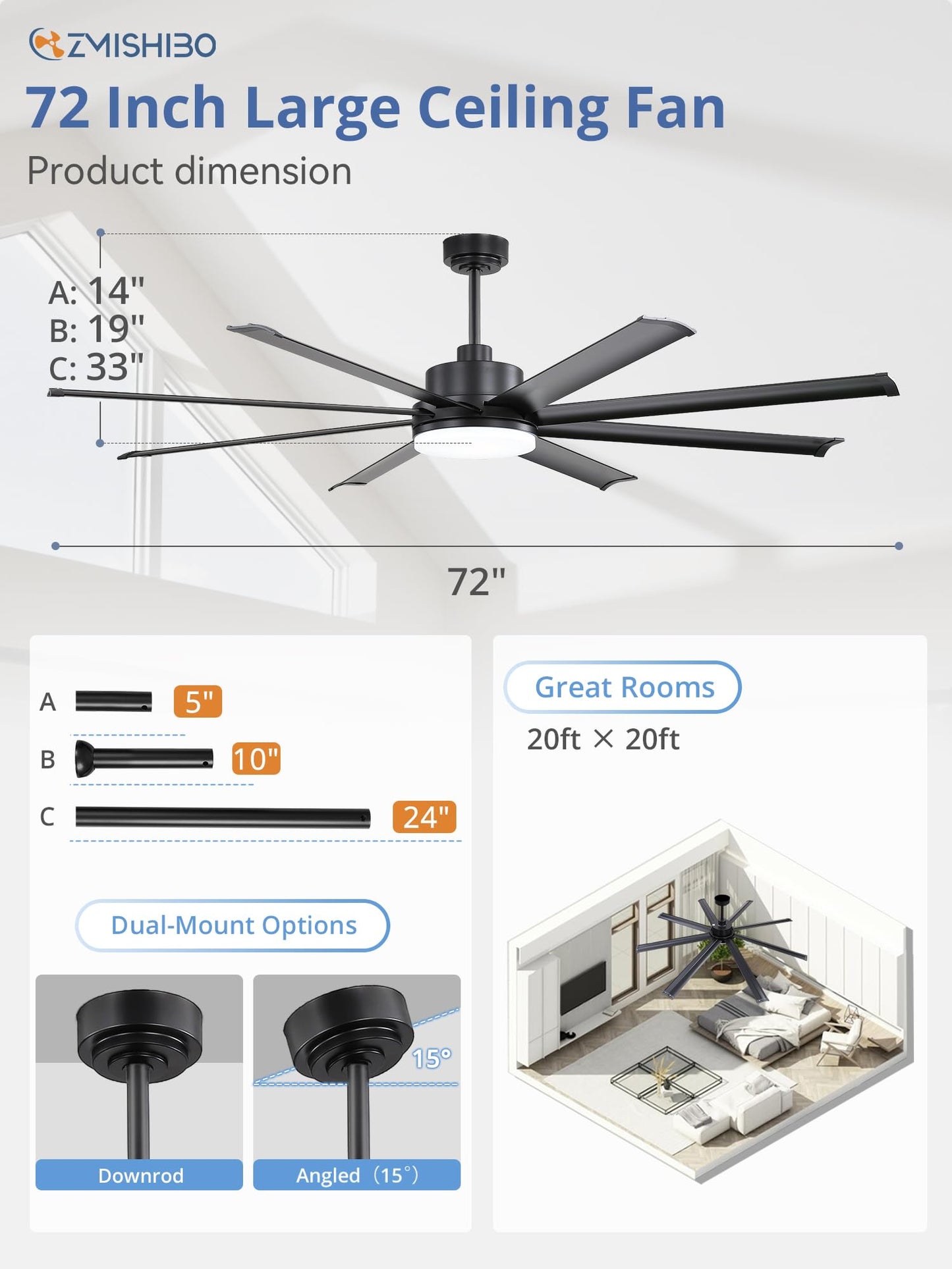 ZMISHIBO 72 Inch Ceiling Fan with Light, Large Industrial Ceiling Fan with Modern 8 Black Aluminum Blades, 3000-6000K Dimmable, 6 Speeds, Smart Fan Light Compatible with Alexa for Patio Living Room
