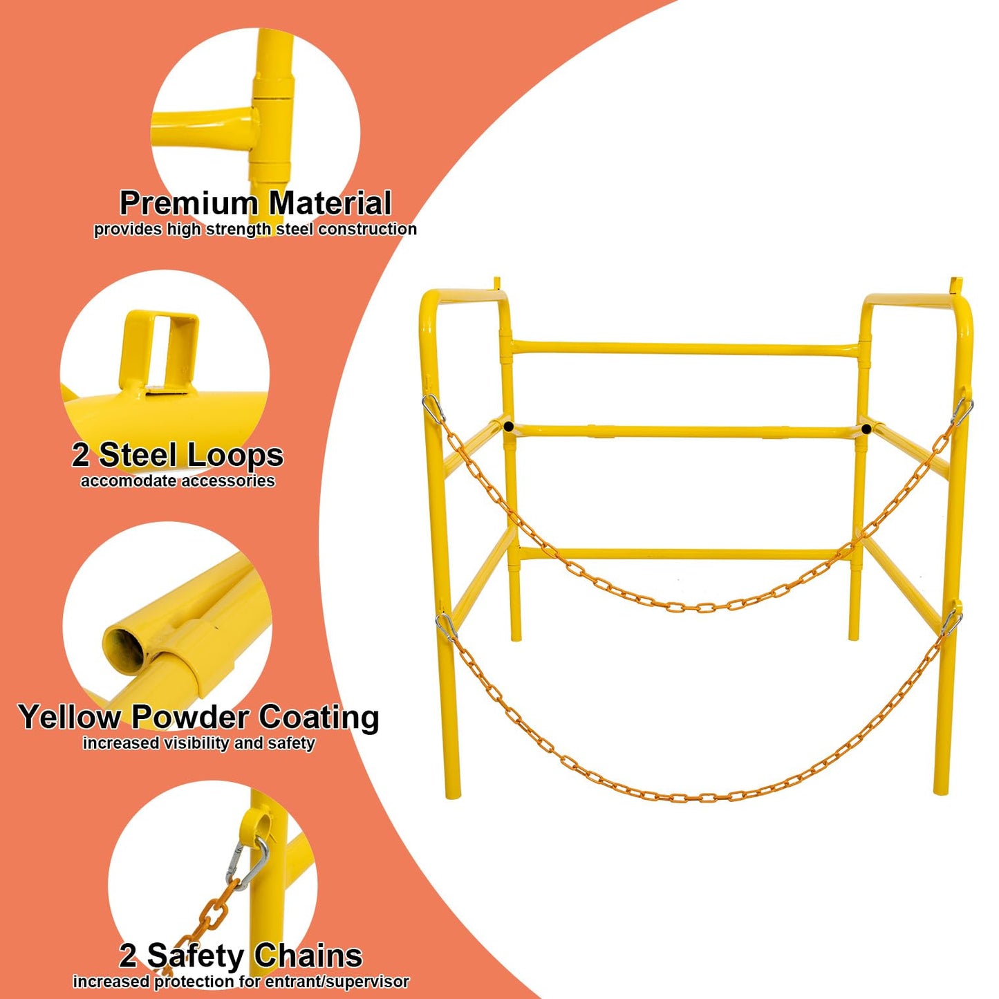 Reykilor Steel Manhole Guard Rail, Portable Foldable Manhole Guardrail with Two Hooking Chains and Loops for Confined Spaces, Tanks, Vessels, Transformers, Sewers (Yellow, 33" x 33" x 33")
