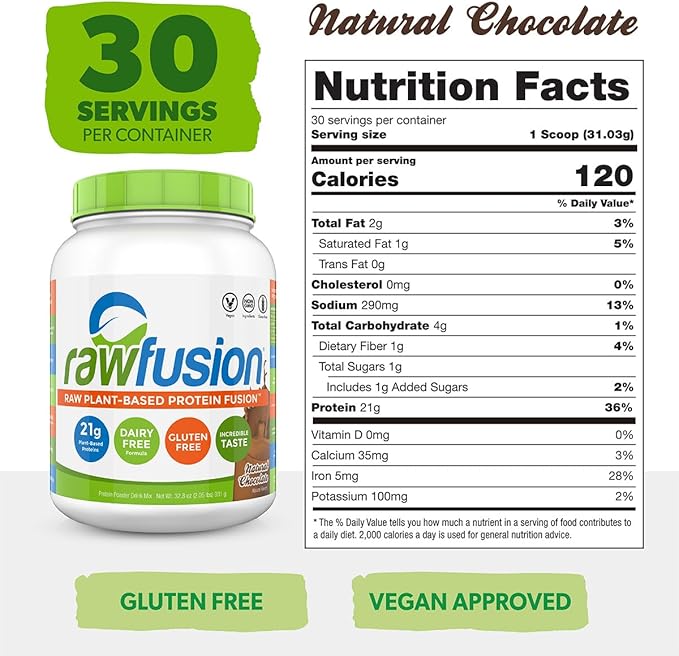 Rawfusion- Vegan Protein Powder, Natural Chocolate - 30 Servings, 21g of Plant Based Protein, Low Net Carbs, Non-Dairy, Gluten/Lactose Free, Soy Free, Kosher, Non-GMO, 2lbs Pound