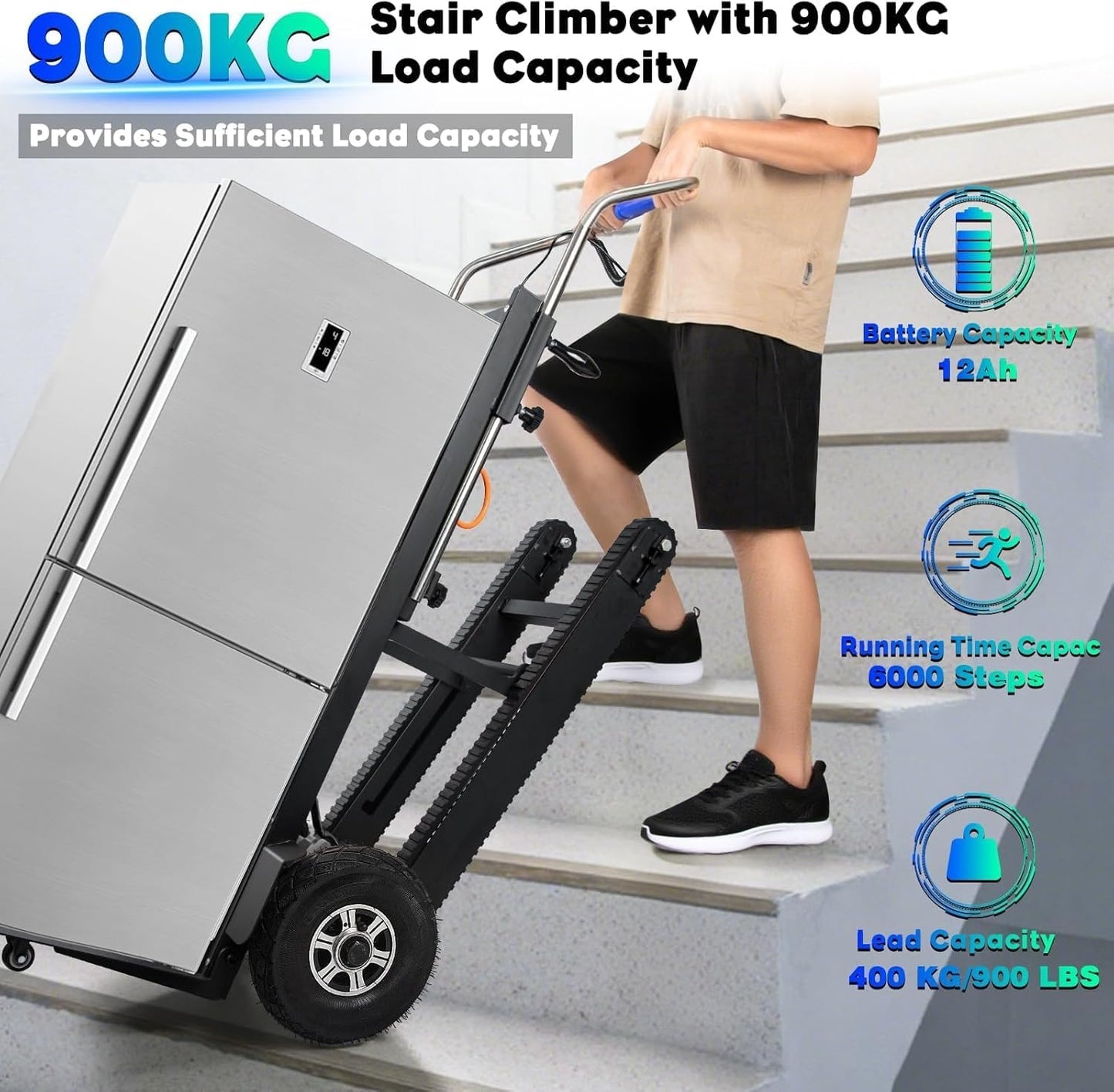 Electric Stair Climbing Dolly, Heavy Duty Stair Climber 900lbs Capacity 1250W Motorized Hand Truck with Ropes & Foldable Design for Moving Furniture