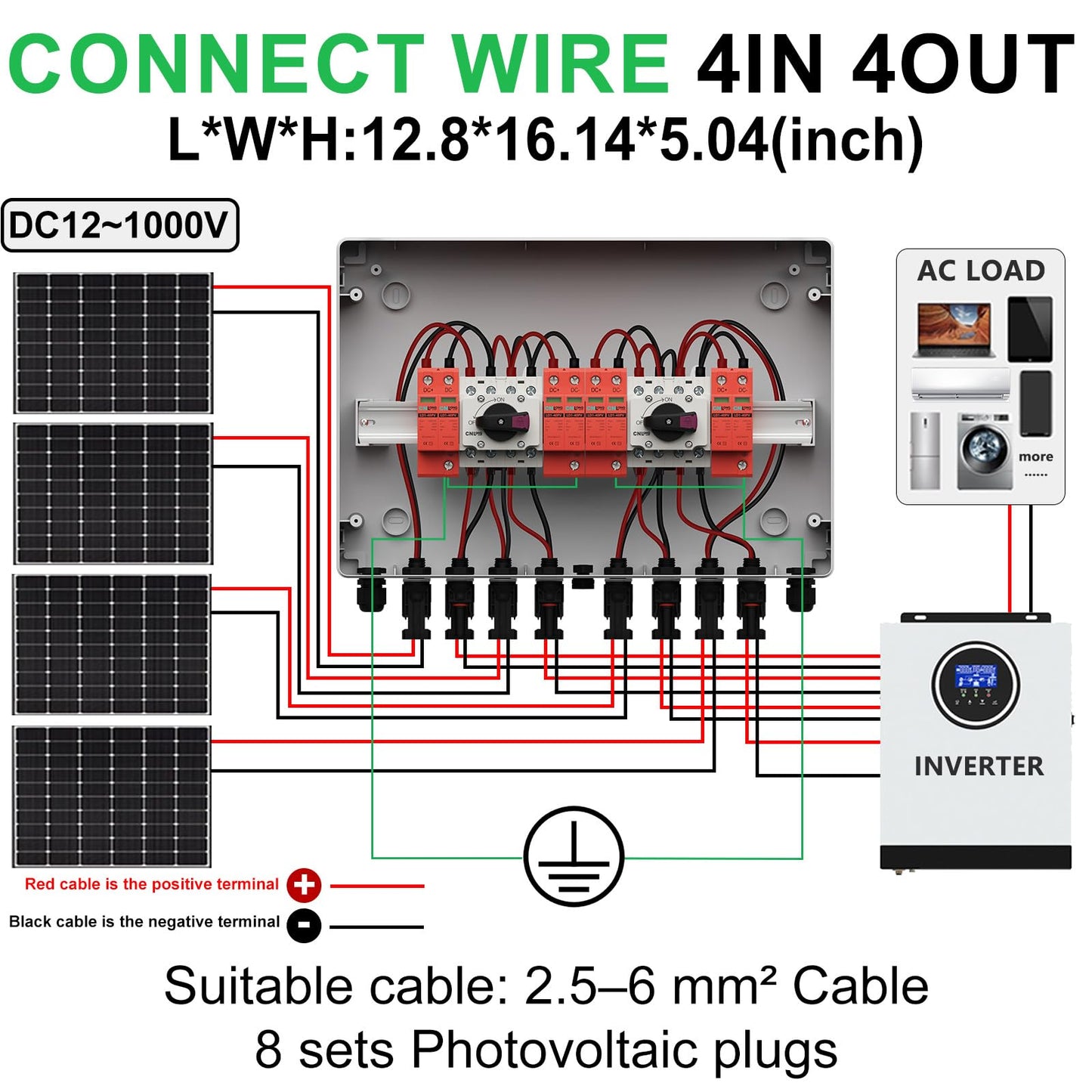 CNLonQcom 4 Strings Solar Disconnect Switch 32 Amp DC1000V with Lightning Surge Protector Arrester and IP65 Solar PV Combiner Breaker Box 4in 4out for Outdoor Solar Panel System