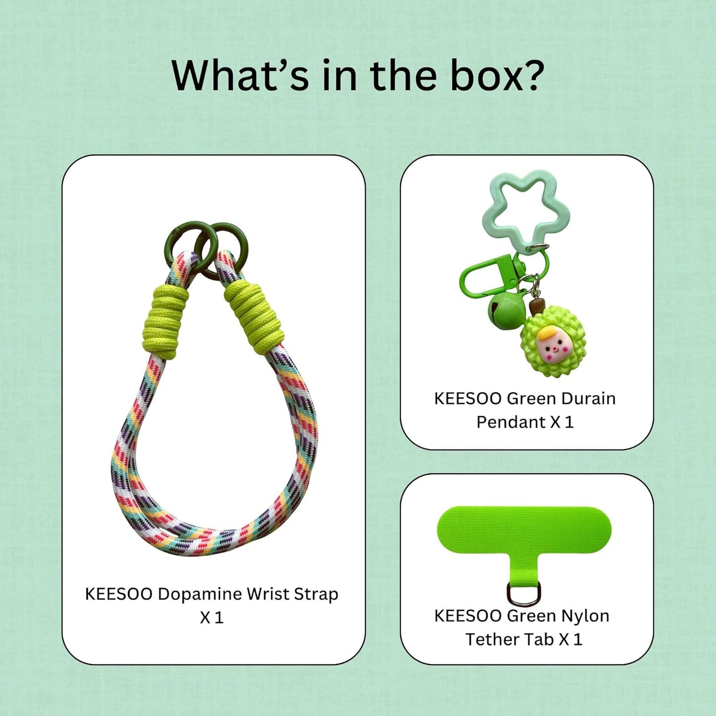 7mm Dopamine Vibes Universal Wrist Strap - Korean-Style Short Phone Lanyard with Cute Green Durain Charm, Rope, Trendy