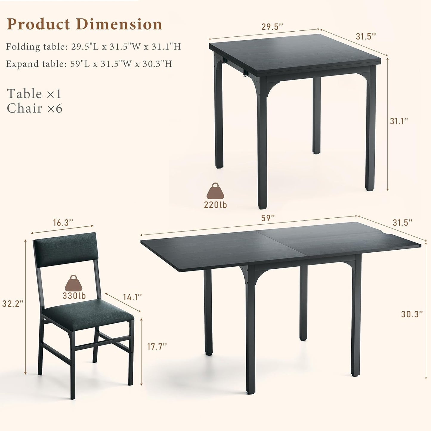 Regine Switzerland 7-Piece Dining Table Set - Extendable Kitchen Table with 6 Cushioned Chairs | Space-Saving Black Design