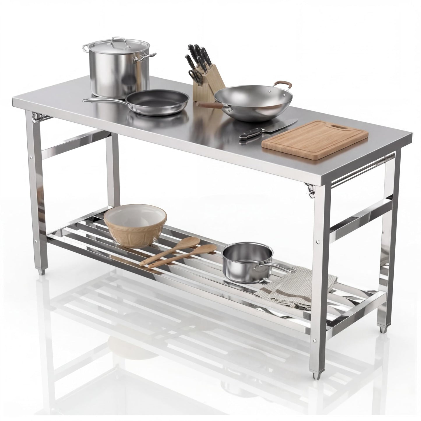MegaChoice 60 x 24 Inch Stainless Steel Prep Table, Folding Stainless Steel Work Table with Adjustable Undershelf, Heavy Duty Metal Workstation for Commercial, Kitchen, Restaurant, Garage, Home