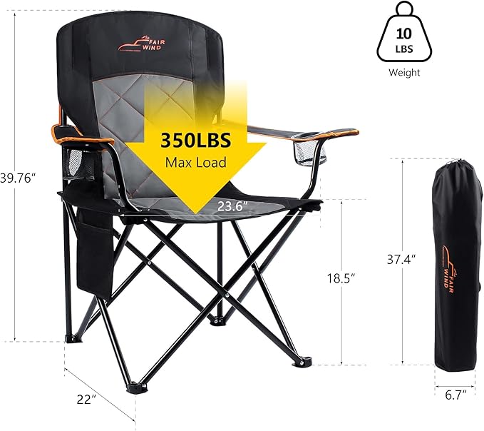 FAIR WIND 2 Pack Oversized Fully Padded Camping Chair Heavy Duty Quad Fold Arm Chair Support 350 LBS with Cup Holder, Collapsible Lumbar Back Chair Portable for Outdoor, Black